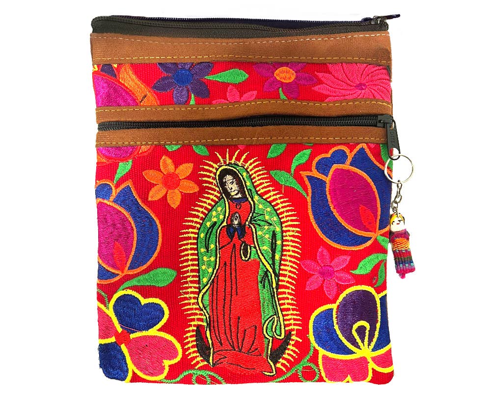 Embroidered Guadalupe Leather Crossbody Purse Passport Bag