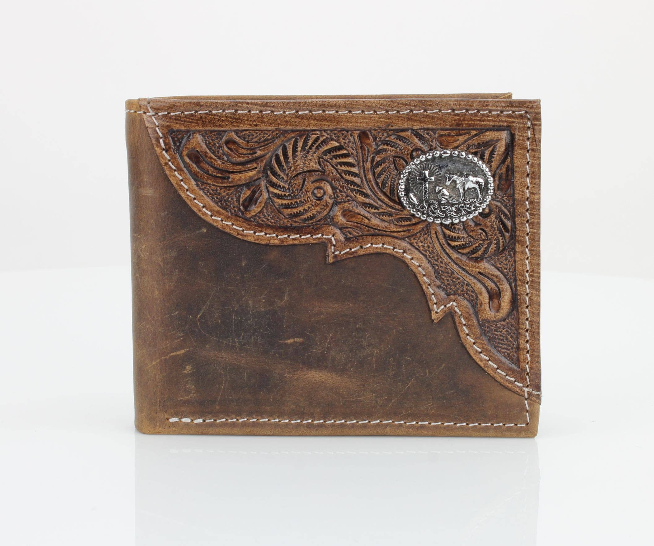 Genuine Leather Bison Bifold Wallet - Oil Pull Up Kneeling Cowboy Concho