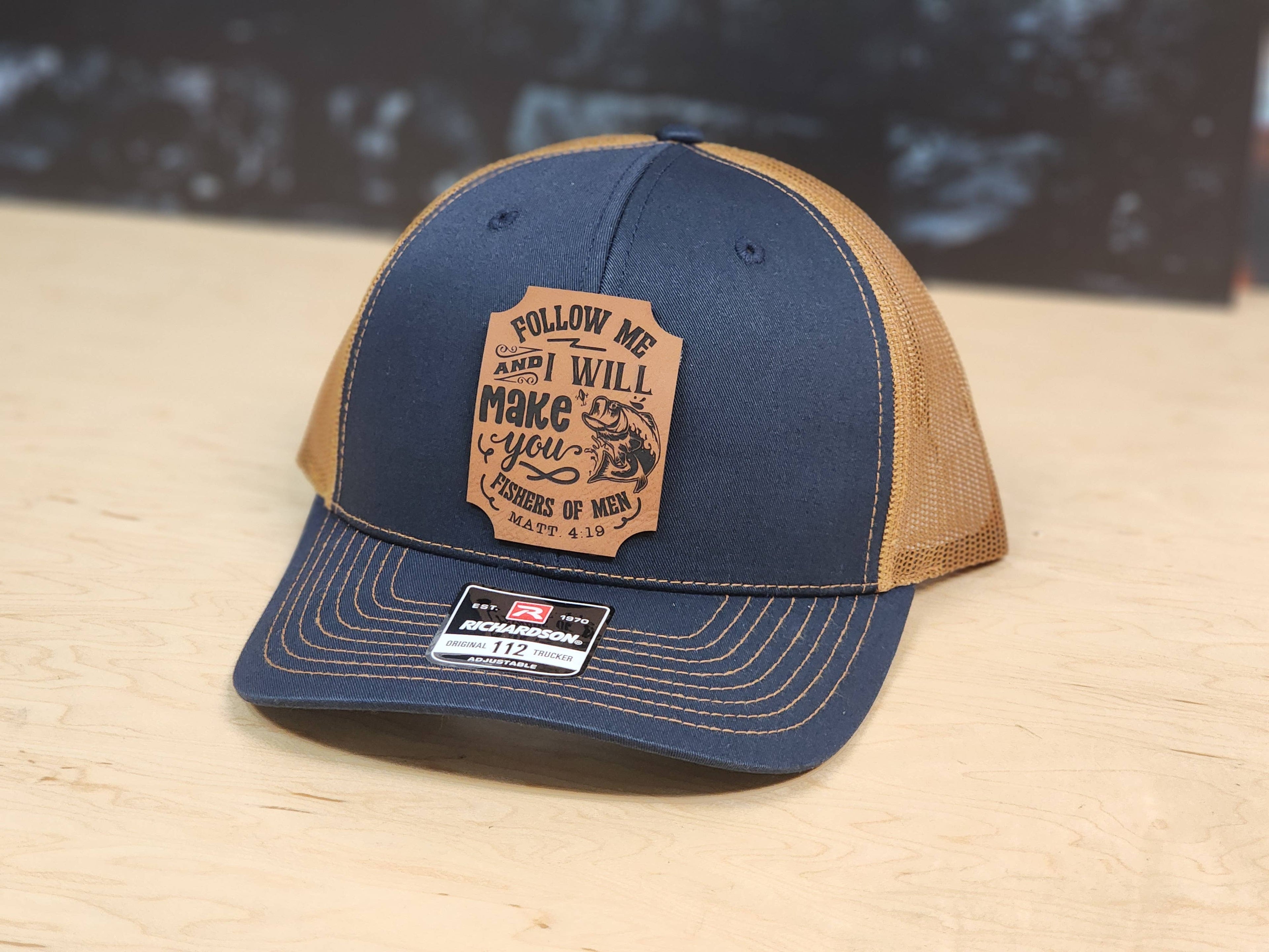 Hat - Navy & Caramel Mesh Baseball - Leatherette Patch