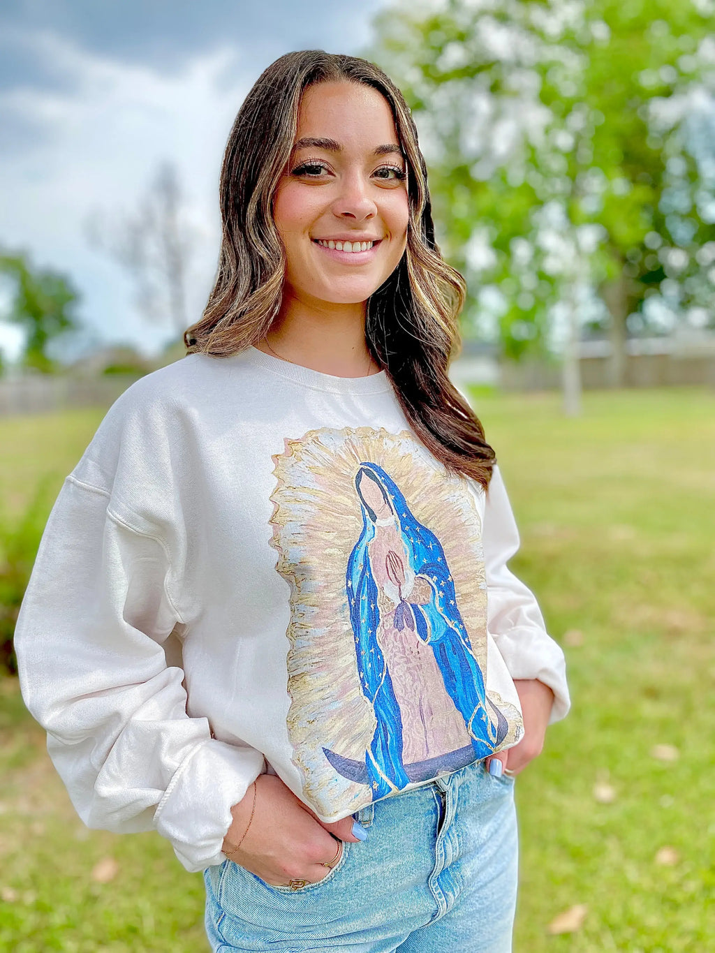 Our Lady of Guadalupe Sweatshirt on Sweet Cream