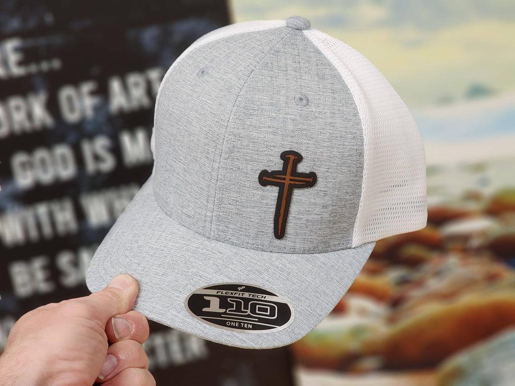 Gray Mesh Baseball Cap with Leather Nail Cross Patch