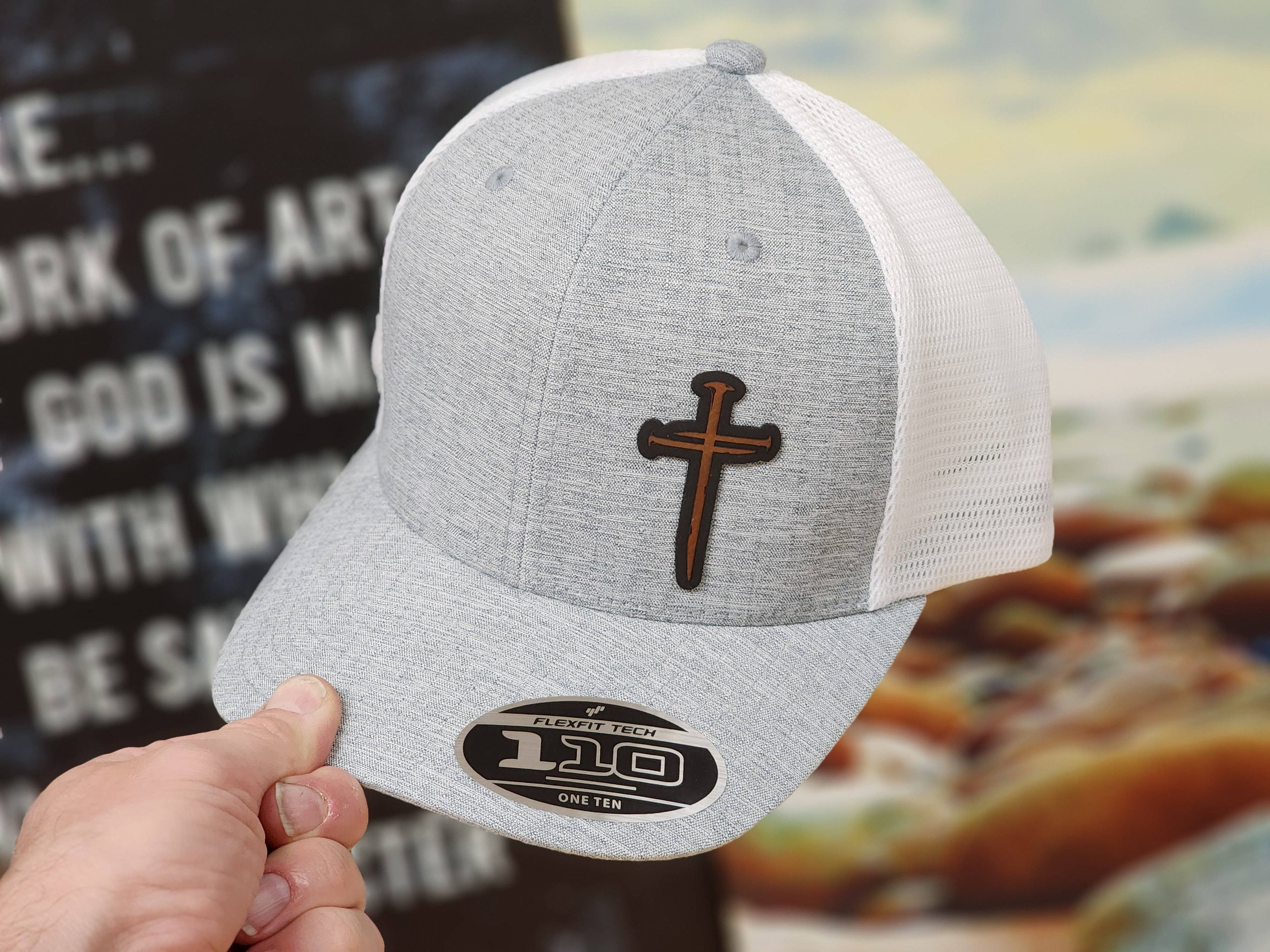 Gray Mesh Baseball Cap with Leather Nail Cross Patch
