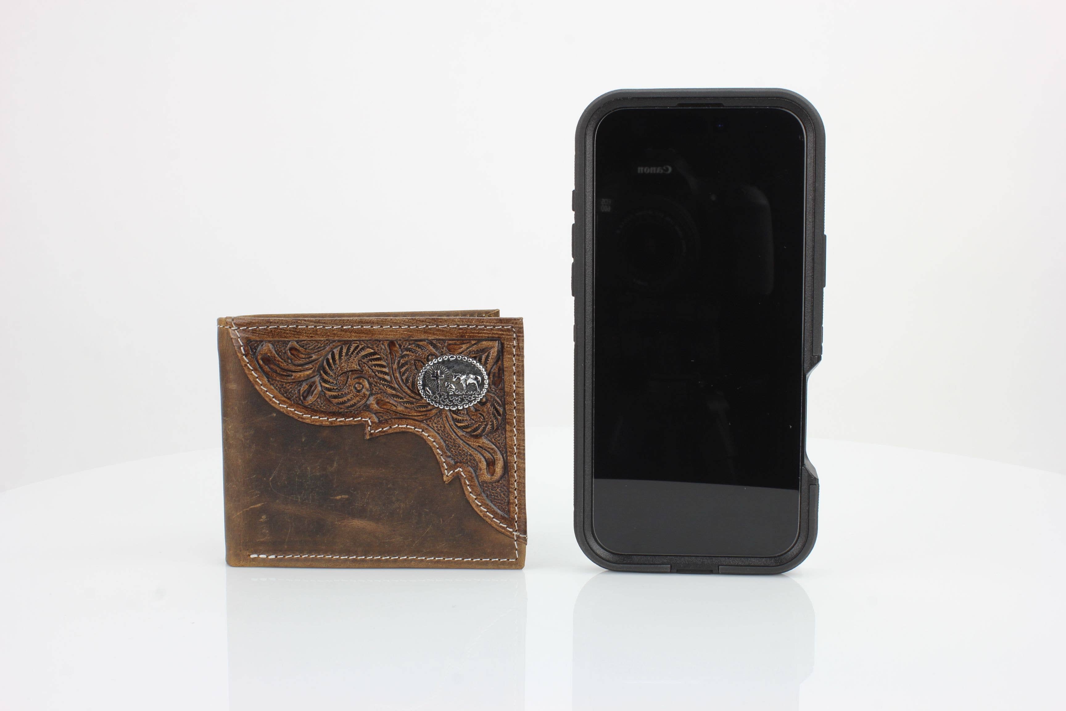 Genuine Leather Bison Bifold Wallet - Oil Pull Up Kneeling Cowboy Concho
