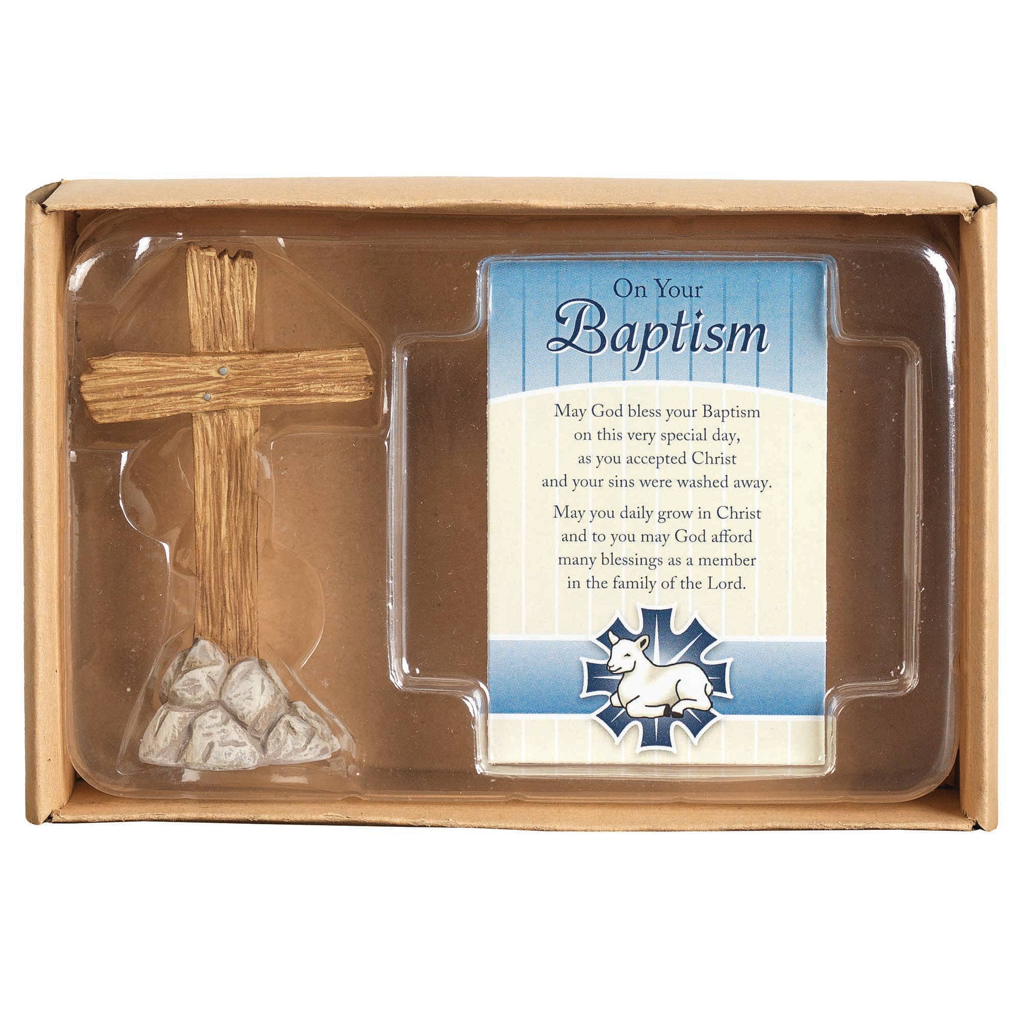 Cross Figure With Card Baptism Resin 3"H