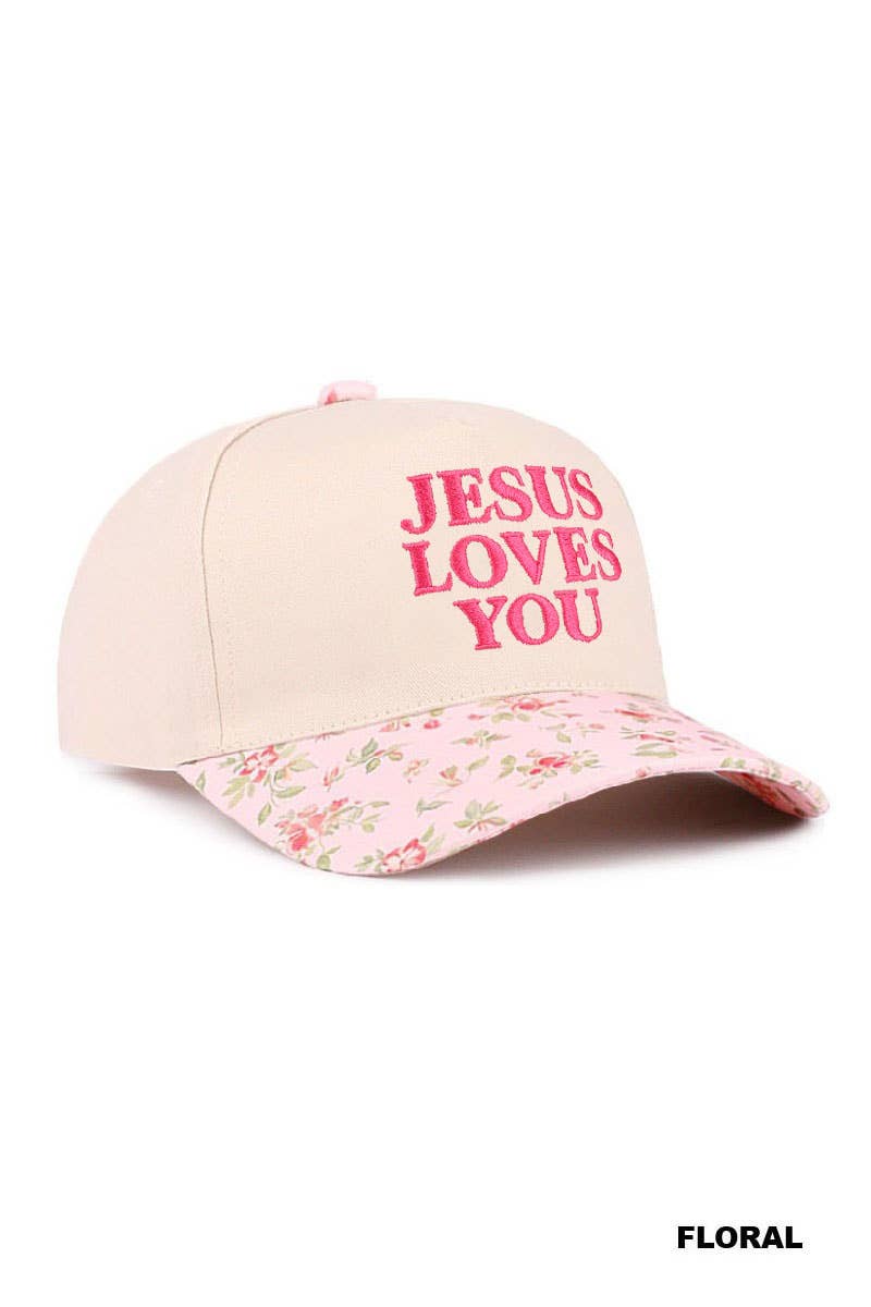 Jesus Loves You Two Tone Hat Embroidered with Cow, Leopard or Flower Print
