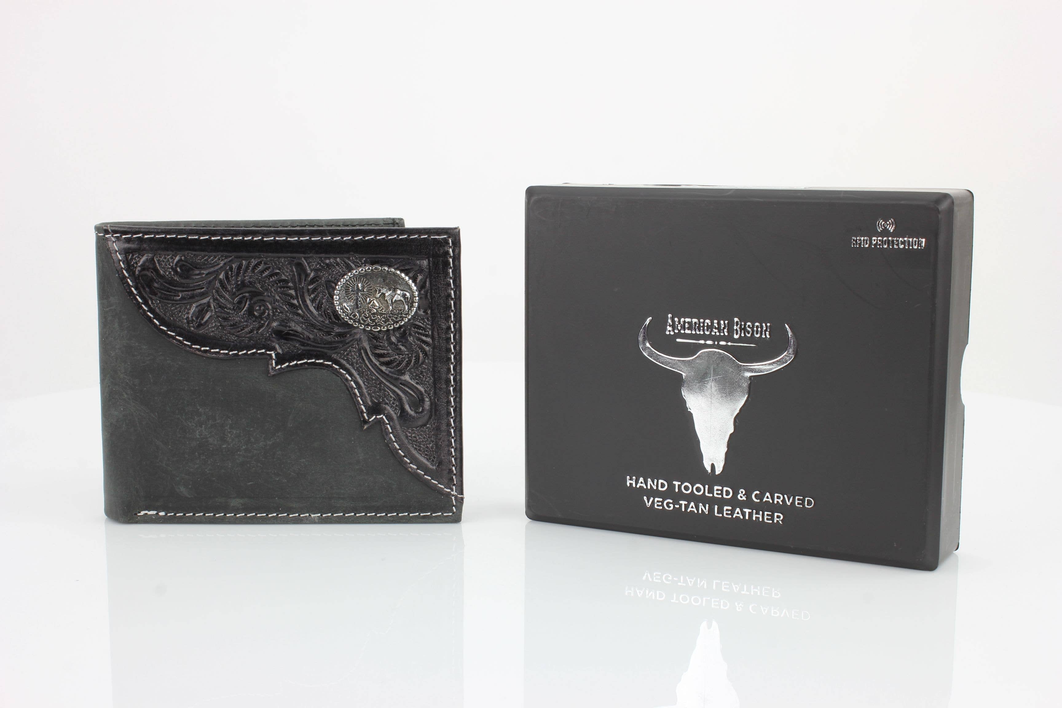 Genuine Leather Bison Bifold Wallet - Oil Pull Up Kneeling Cowboy Concho