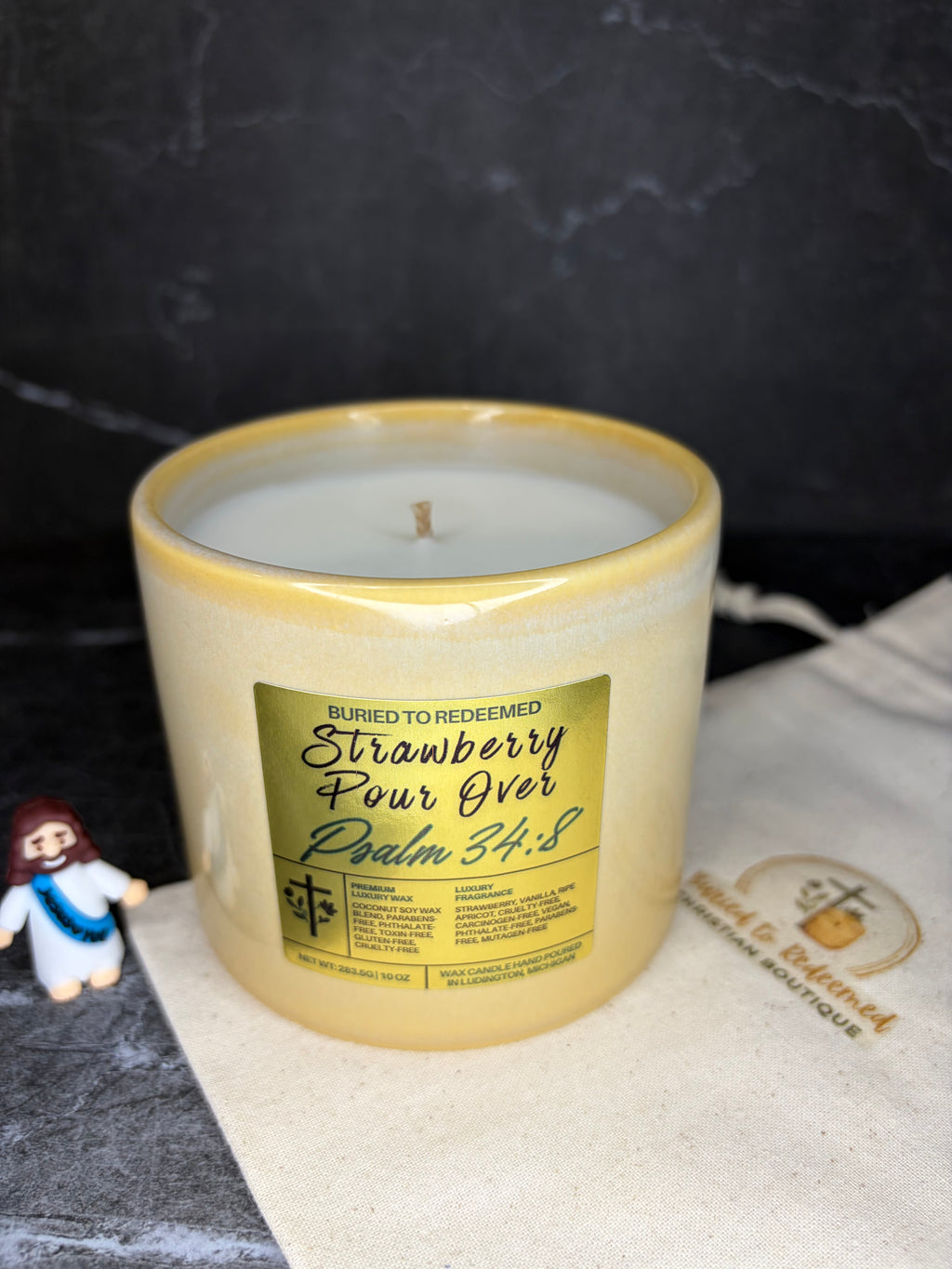 Bible Verse Strawberry Pour Over Candle - Psalm 34:8 - 10 oz - Premium USA Ingredients