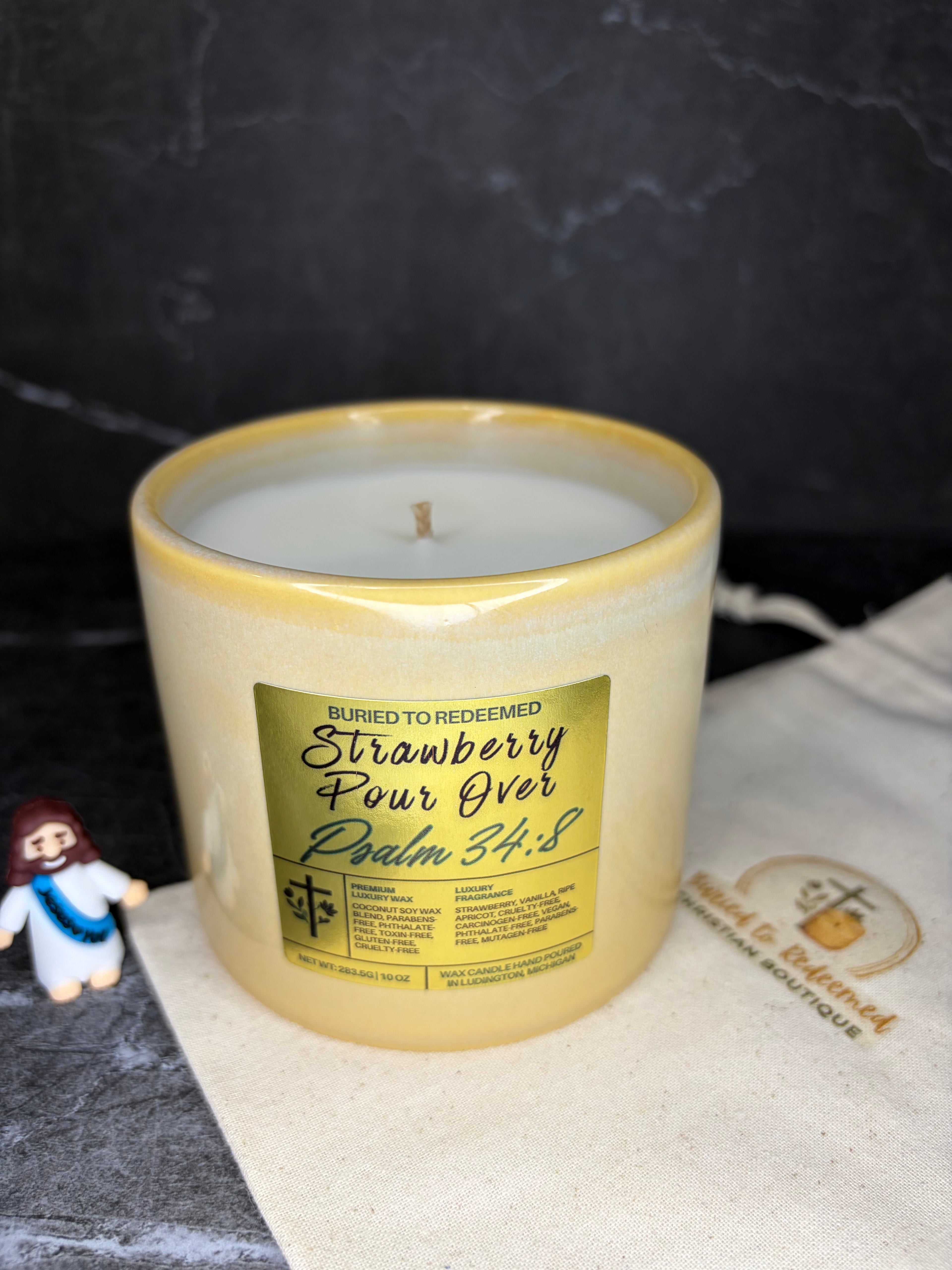 Bible Verse Strawberry Pour Over Candle - Psalm 34:8 - 10 oz - Premium USA Ingredients