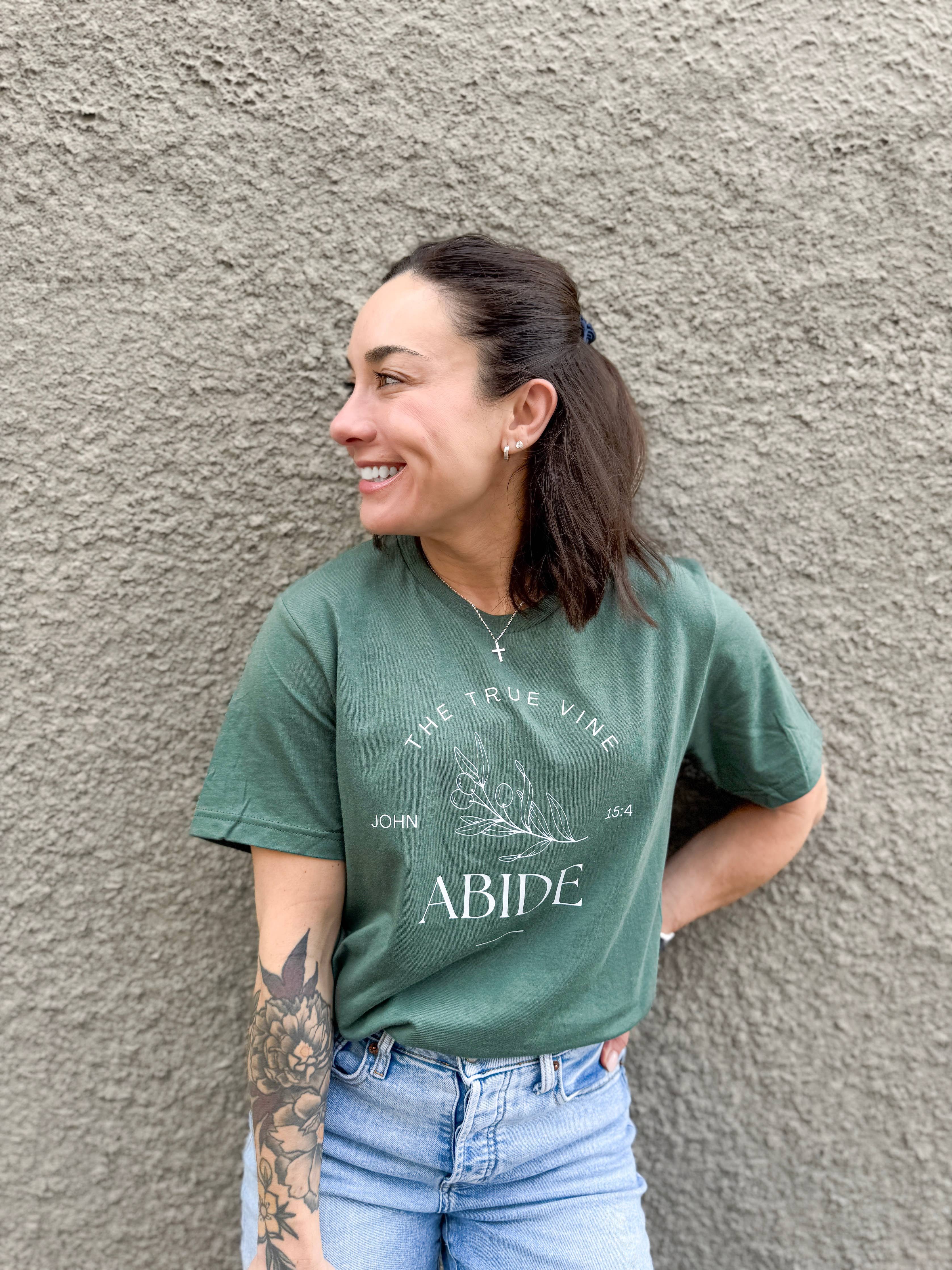 Abide Olive Branch Vine Women's Christian Graphic T-Shirt