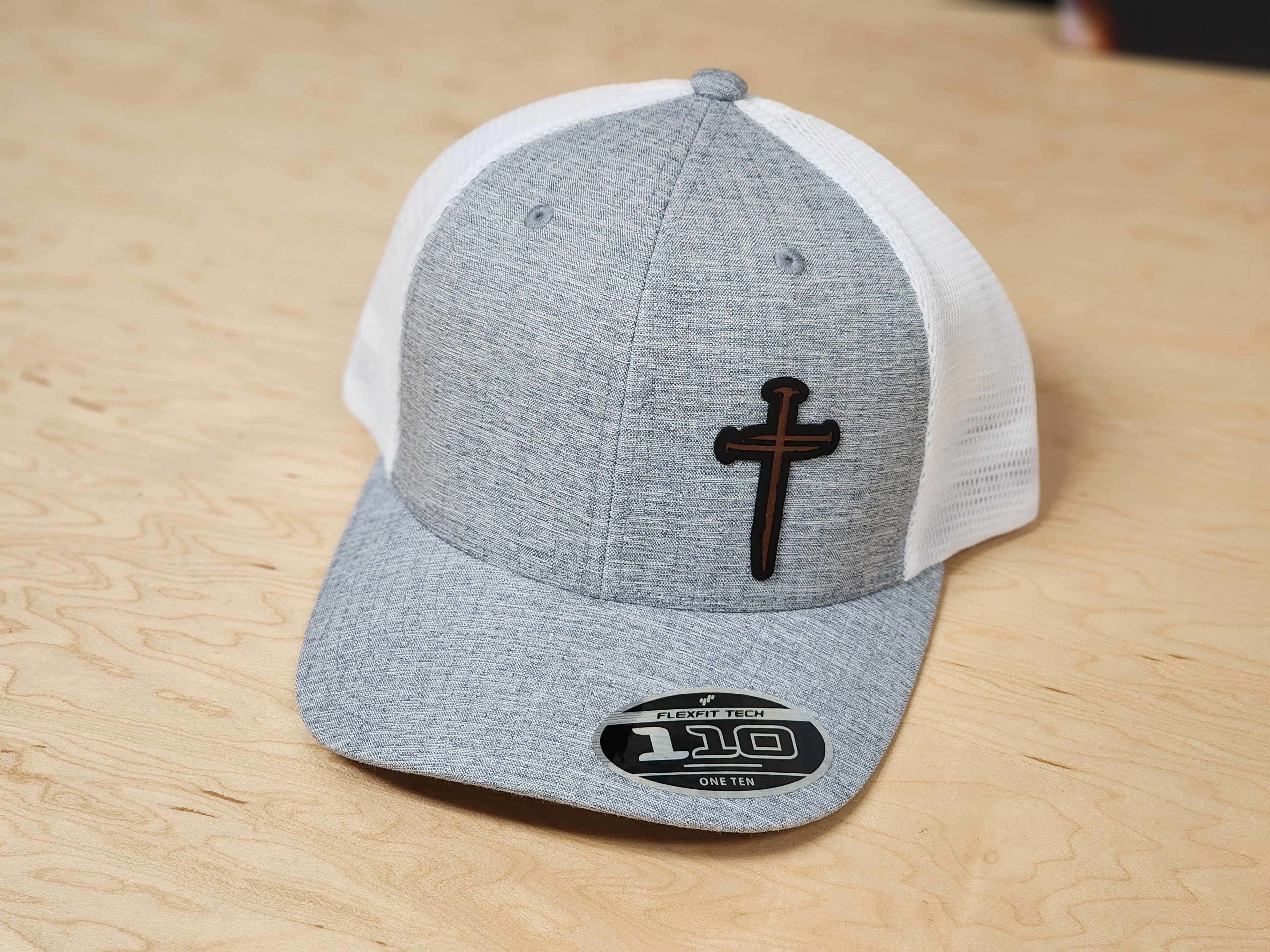 Gray Mesh Baseball Cap with Leather Nail Cross Patch