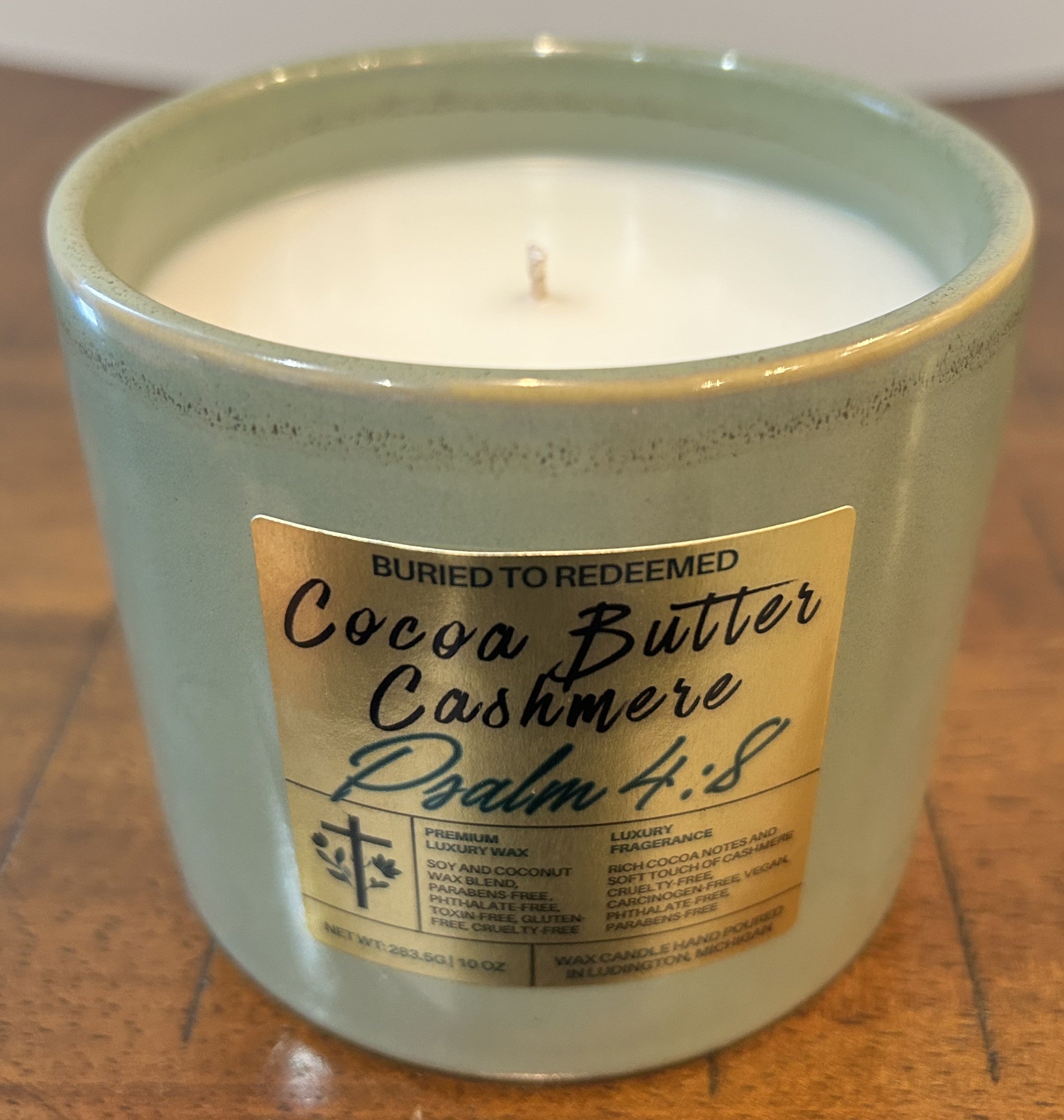 Bible Verse Cocoa Butter Cashmere Candle - Psalm 4:8 - 10 oz - Premium USA Ingredients