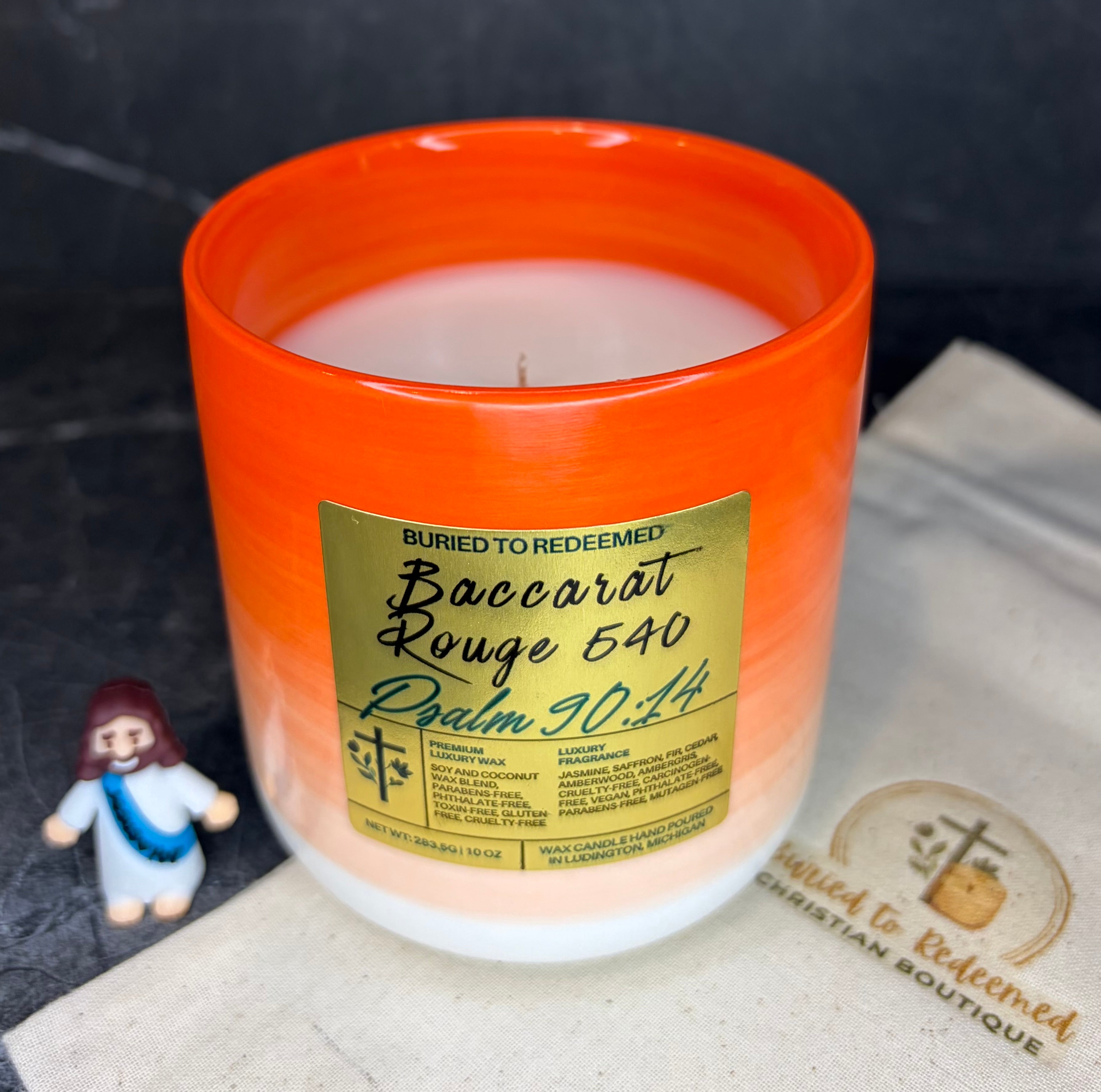 Bible Verse Baccarat Rouge 540 Candle - Psalm 90:14 - 10 oz - Premium USA Ingredients