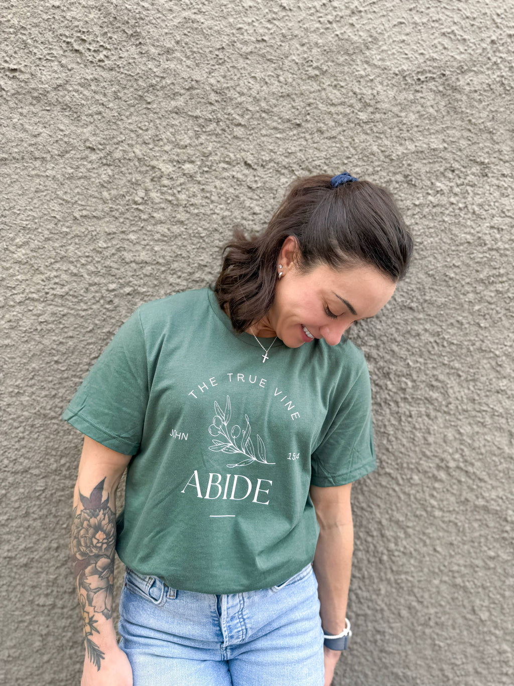Abide Olive Branch Vine Women's Christian Graphic T-Shirt