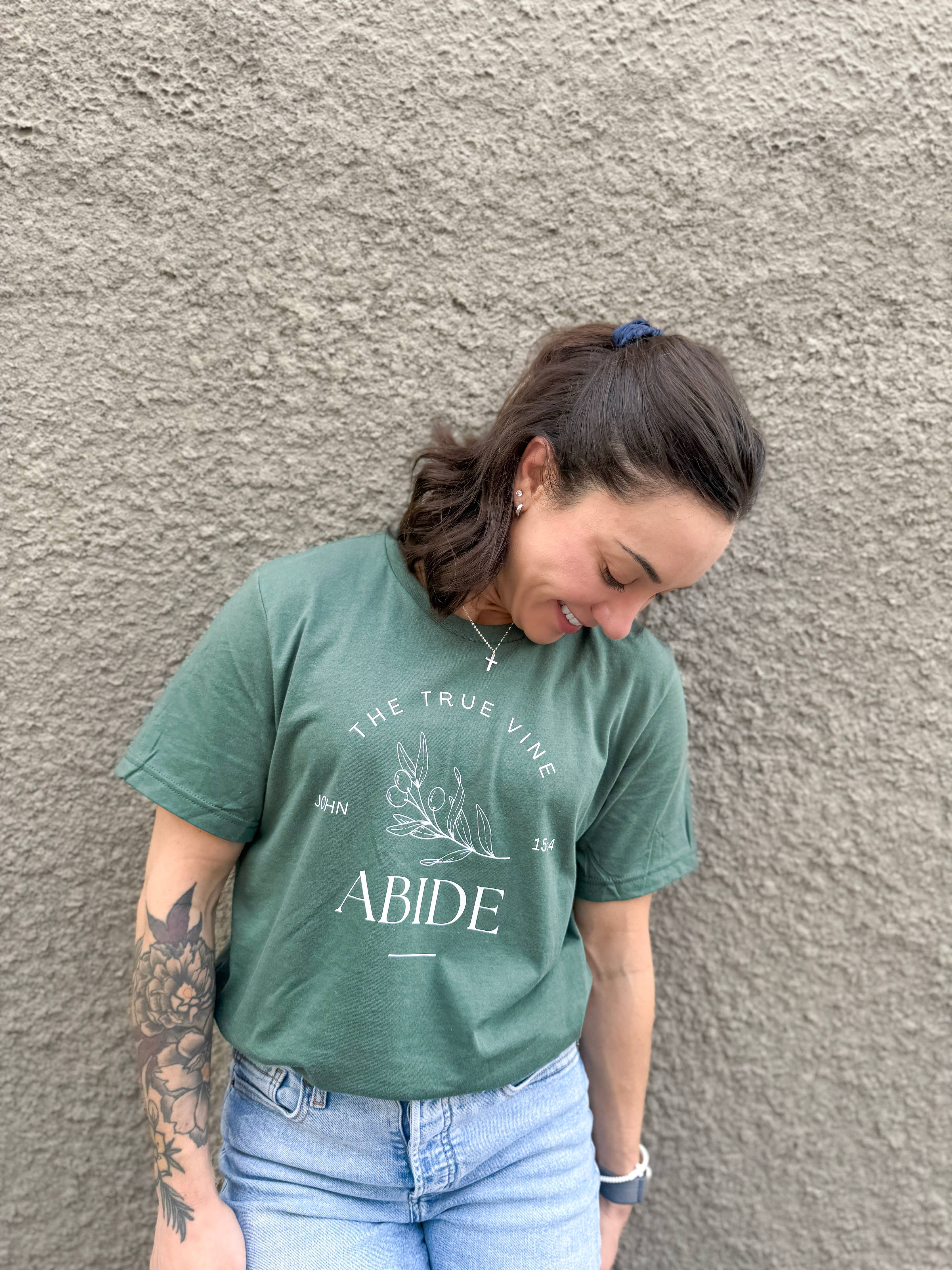 Abide Olive Branch Vine Women's Christian Graphic T-Shirt