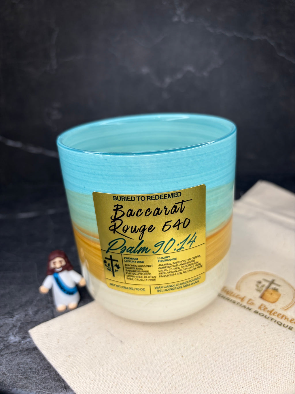 Bible Verse Baccarat Rouge 540 Candle - Psalm 90:14 - 10 oz - Premium USA Ingredients