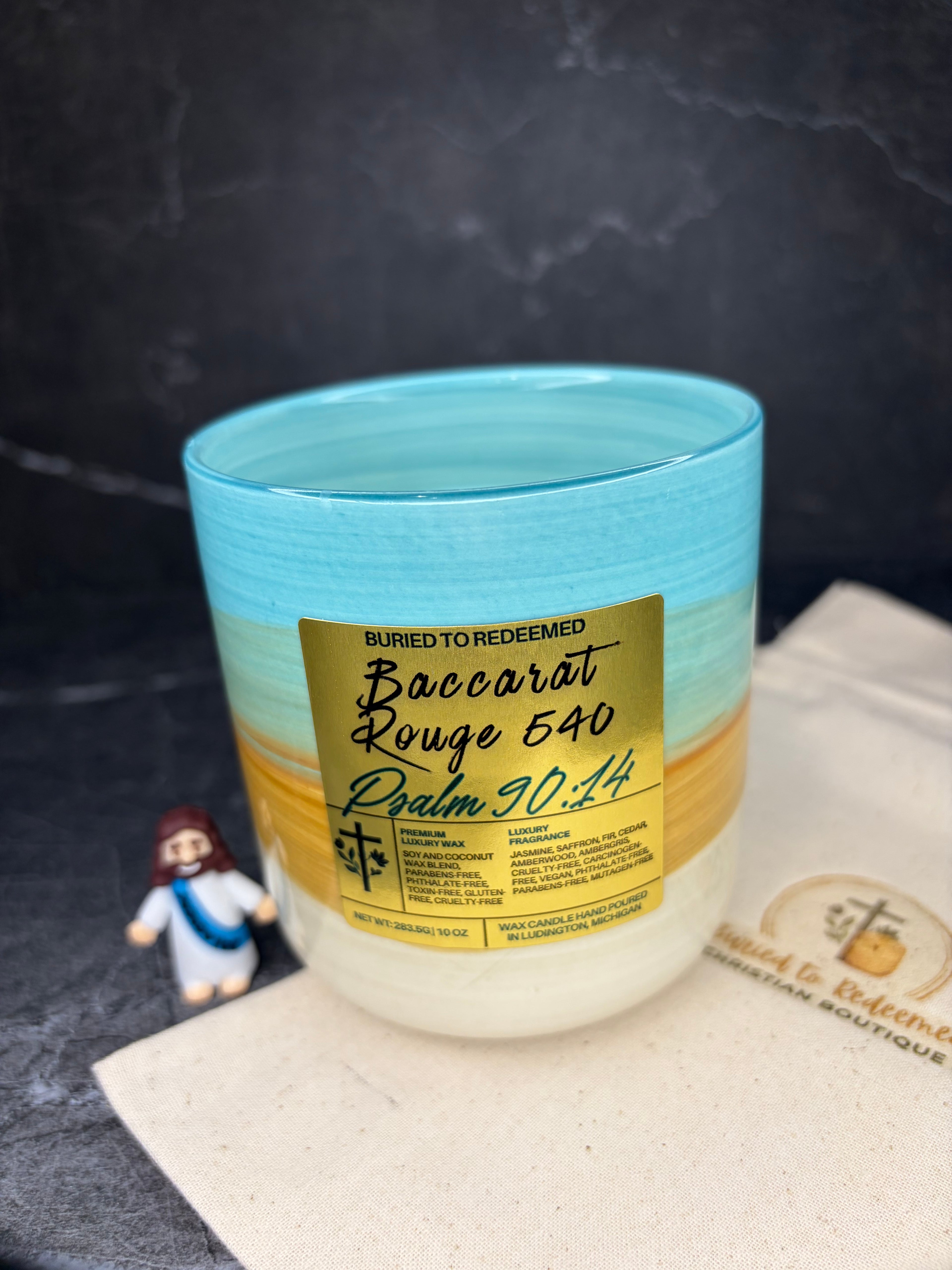 Bible Verse Baccarat Rouge 540 Candle - Psalm 90:14 - 10 oz - Premium USA Ingredients