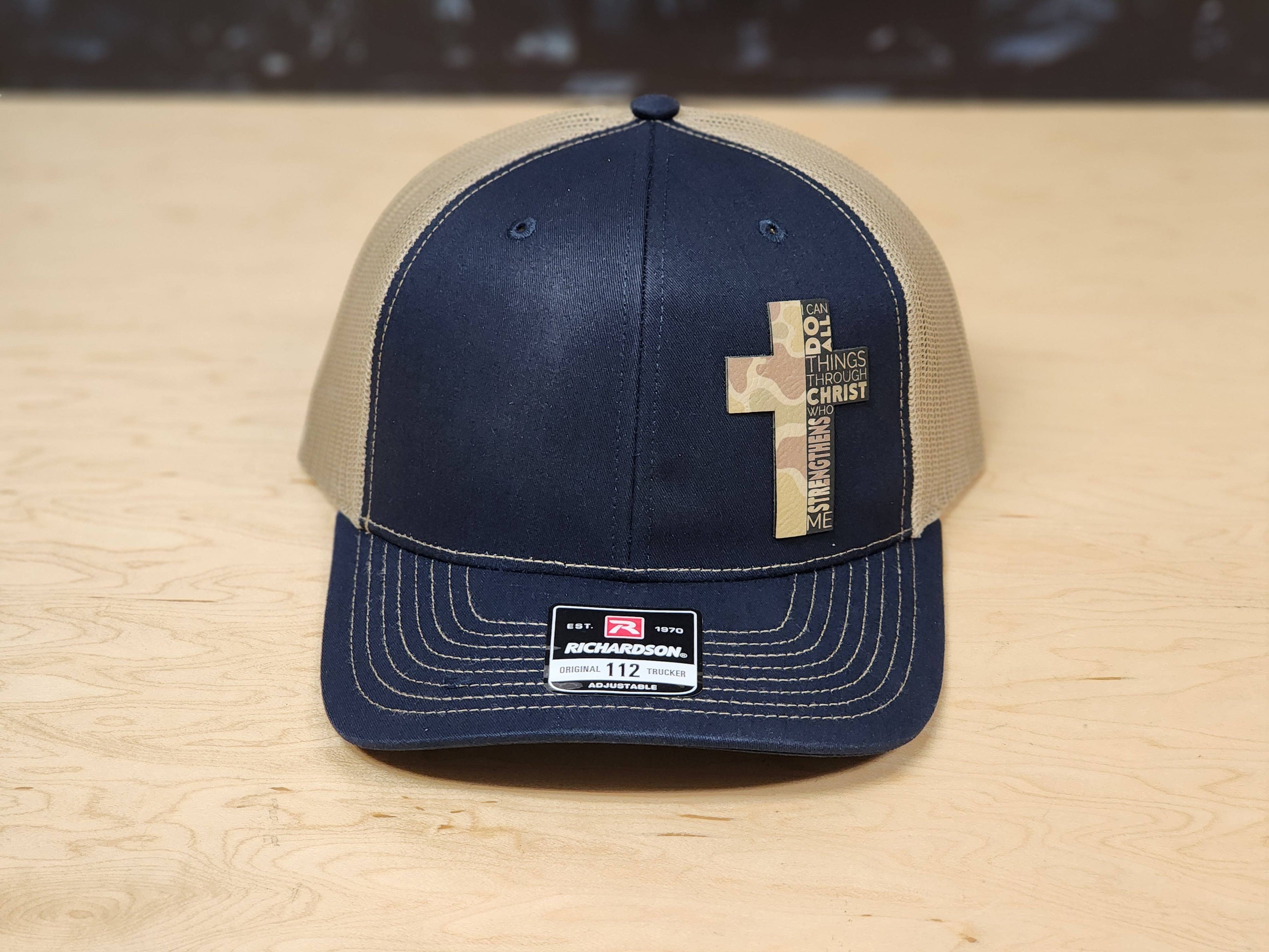 Hat - Navy and Tan Trucker with Faith Cross Appliqué