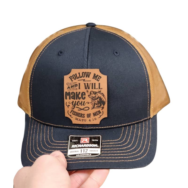 Hat - Navy & Caramel Mesh Baseball - Leatherette Patch