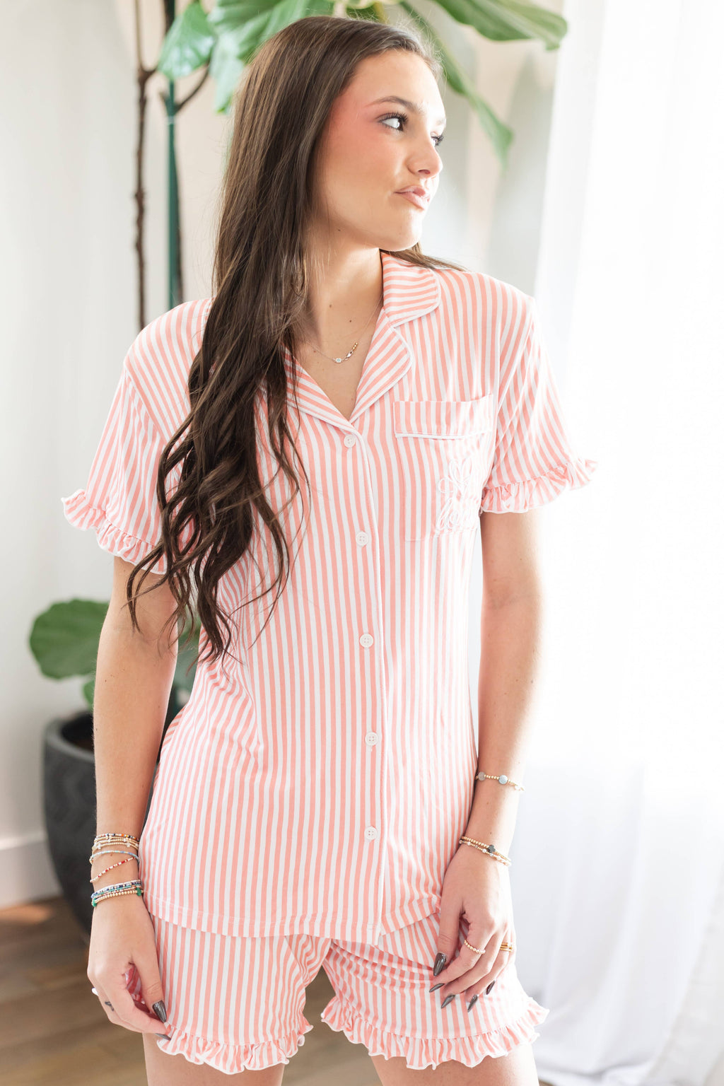 Women’s Scripture Embroidered Bamboo Pajamas Set Pink Stripe
