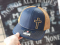 Navy Tan Mesh Trucker Hat with Cross Design