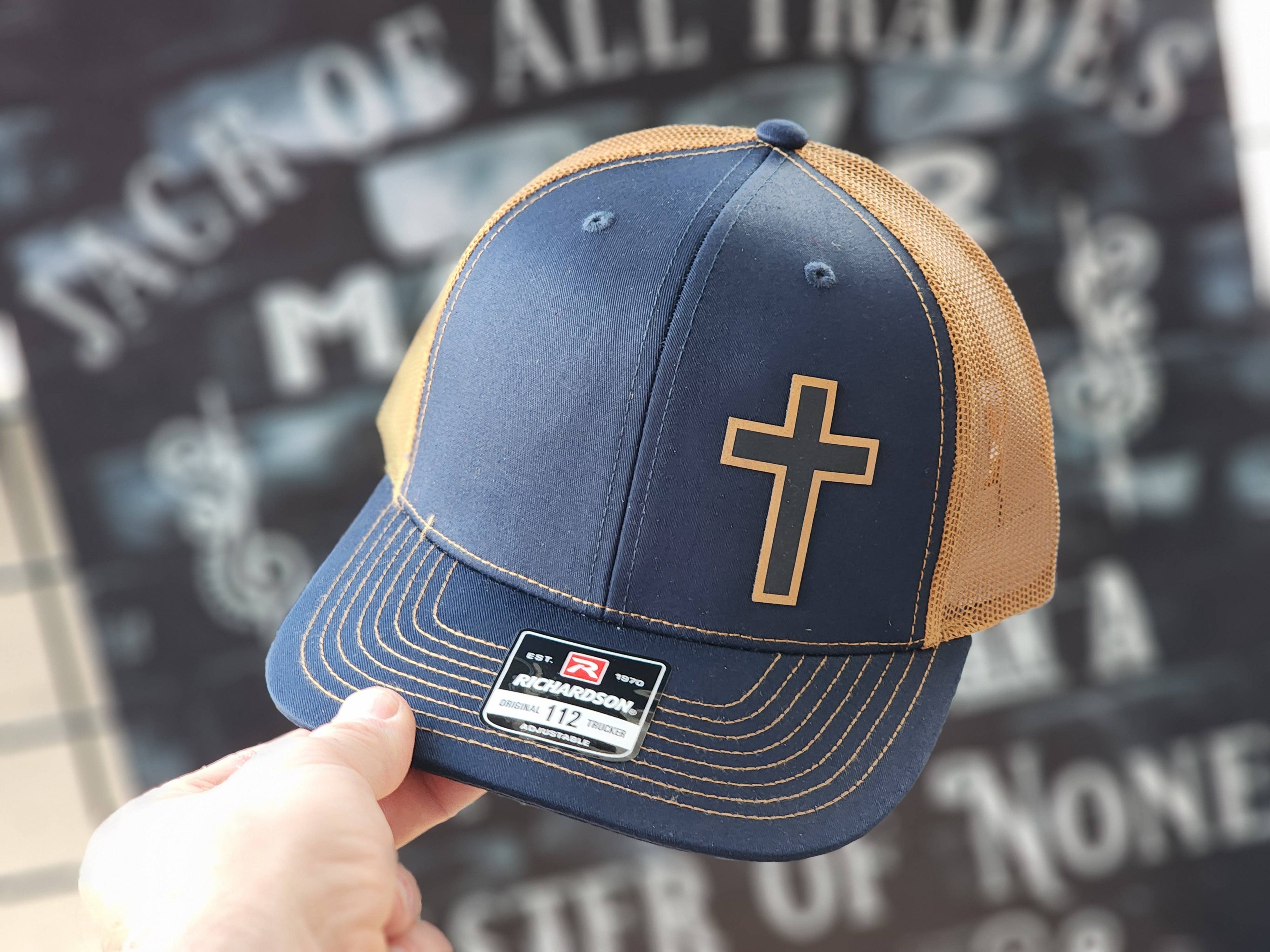 Navy Tan Mesh Trucker Hat with Cross Design