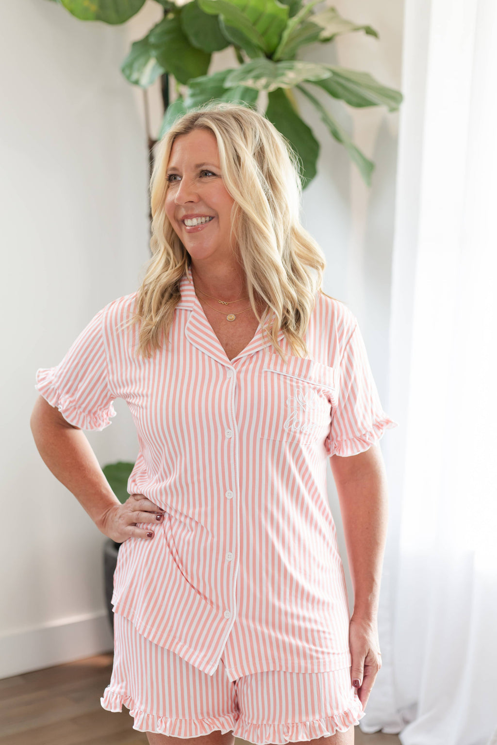 Women’s Scripture Embroidered Bamboo Pajamas Set Pink Stripe