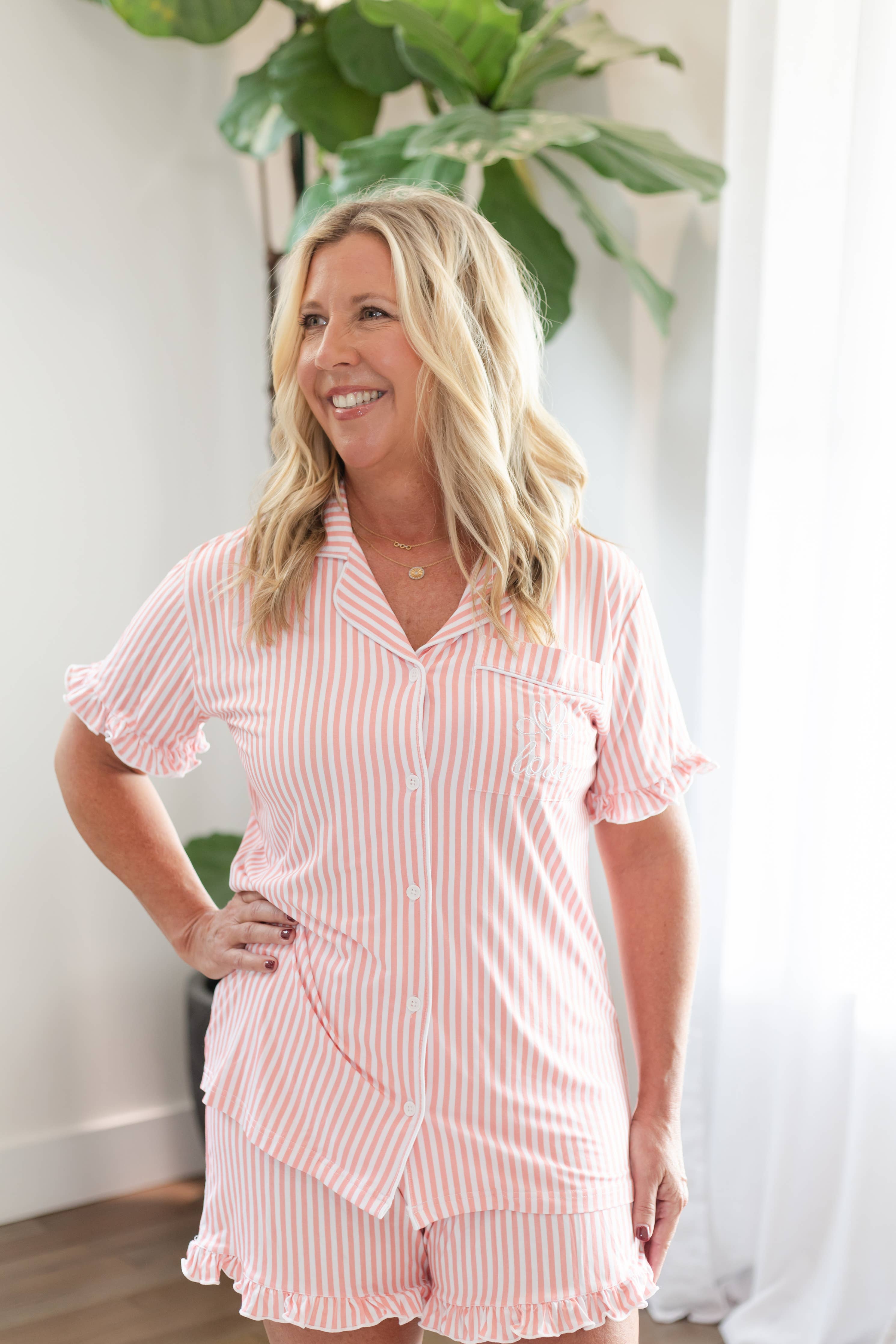 Women’s Scripture Embroidered Bamboo Pajamas Set Pink Stripe