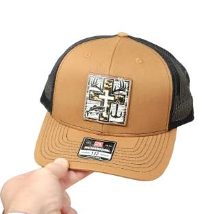 Hat - Trucker Hat with Fishing Hook Cross Patch - Tan/Black