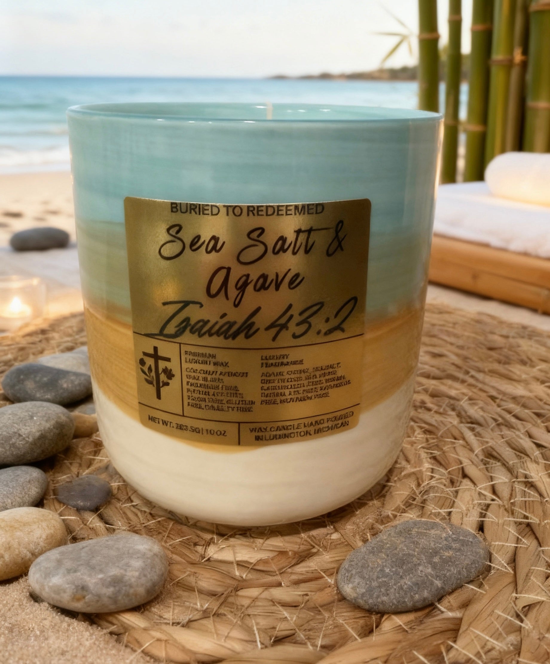 Bible Verse Sea Salt & Agave Candle - Isaiah 43:2 - 10 oz - Premium USA Ingredients