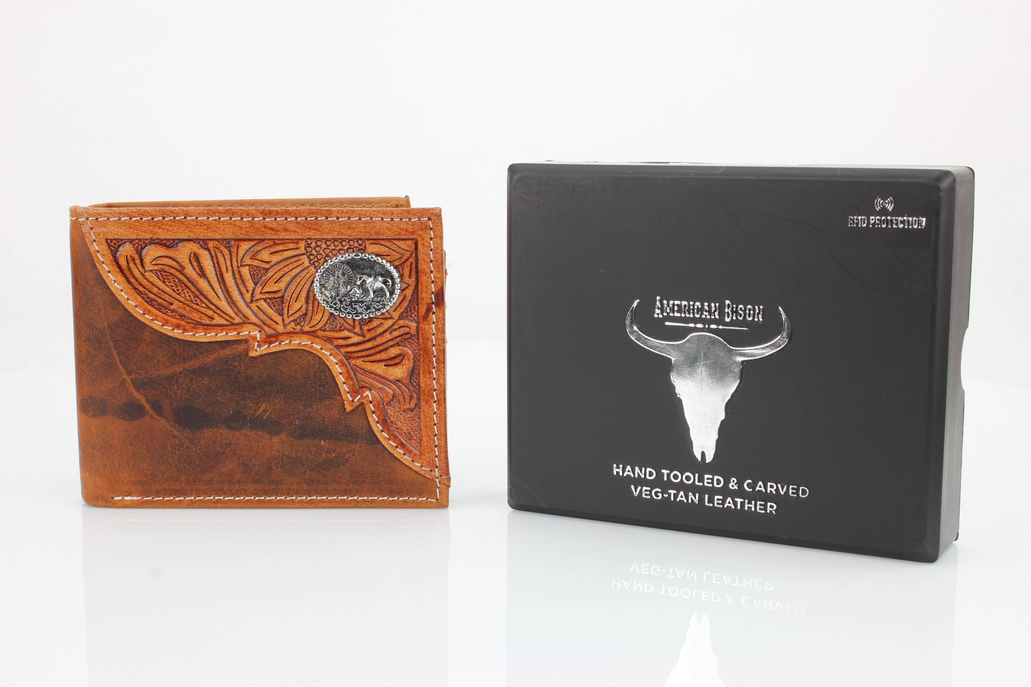 Genuine Leather Bison Bifold Wallet - Oil Pull Up Kneeling Cowboy Concho