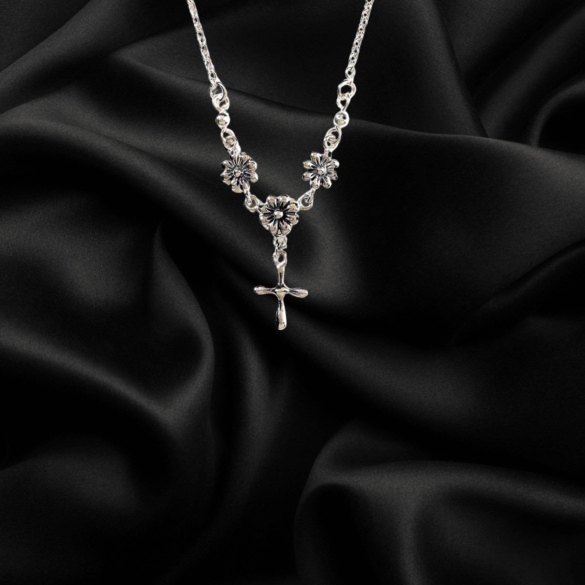 Silver Plated Cross With Flowers Necklace
