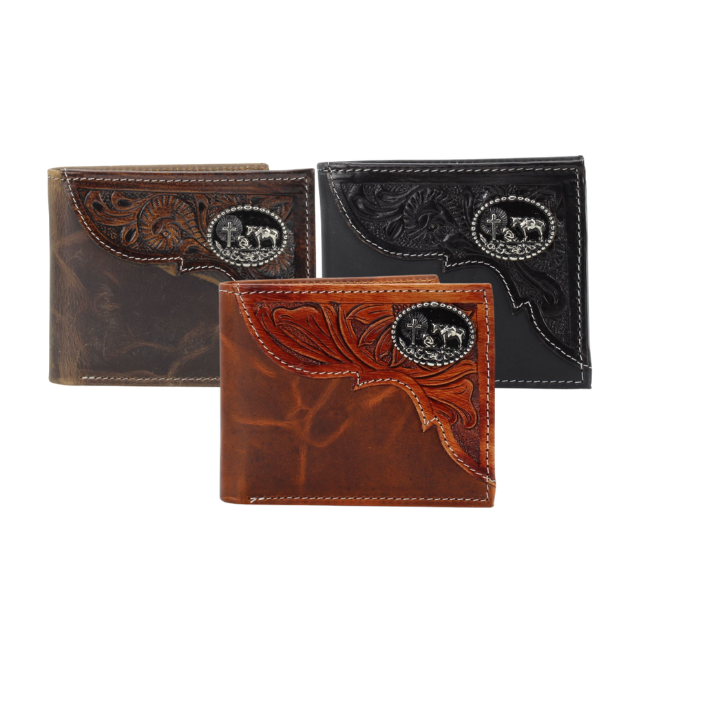 Genuine Leather Bison Bifold Wallet - Oil Pull Up Kneeling Cowboy Concho