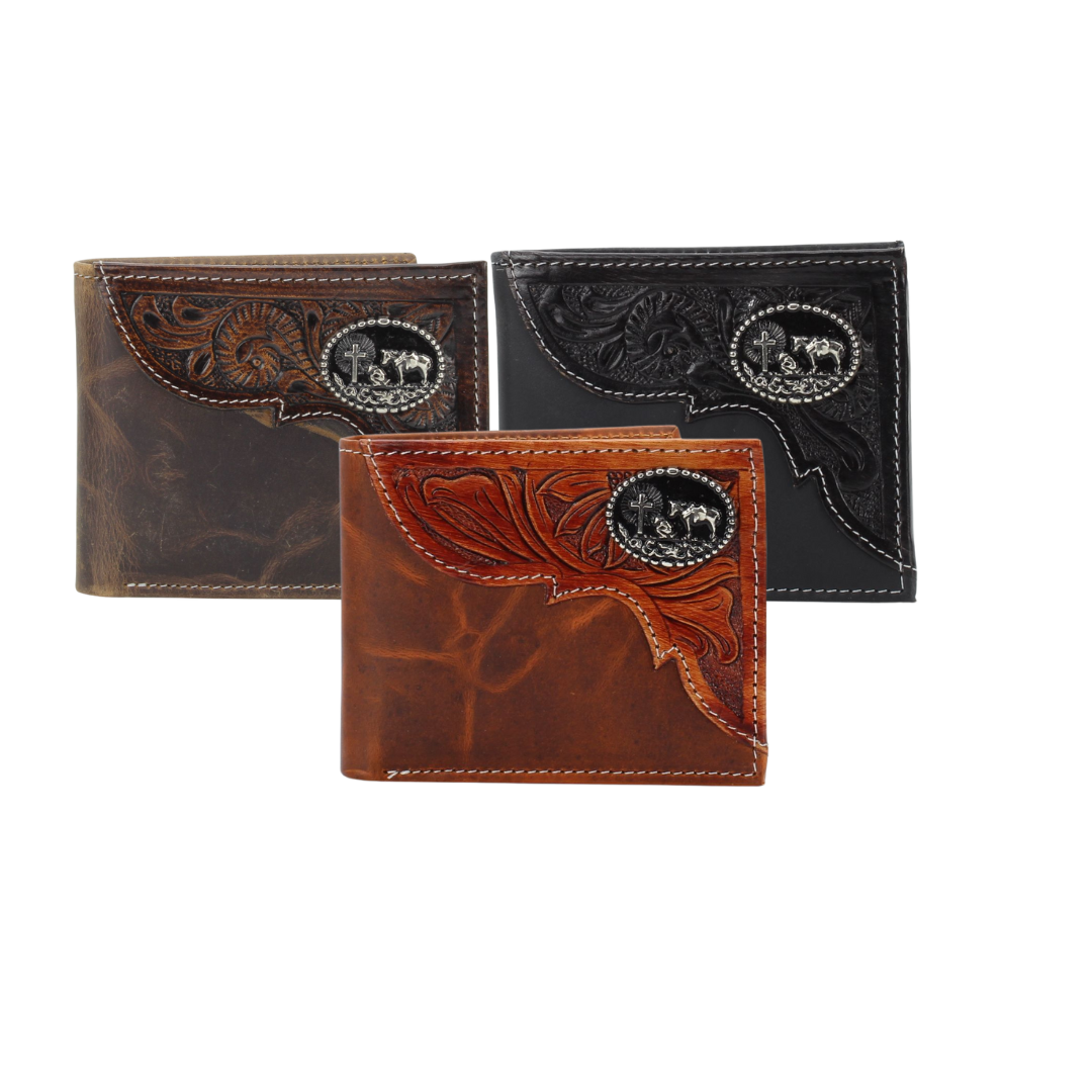 Genuine Leather Bison Bifold Wallet - Oil Pull Up Kneeling Cowboy Concho