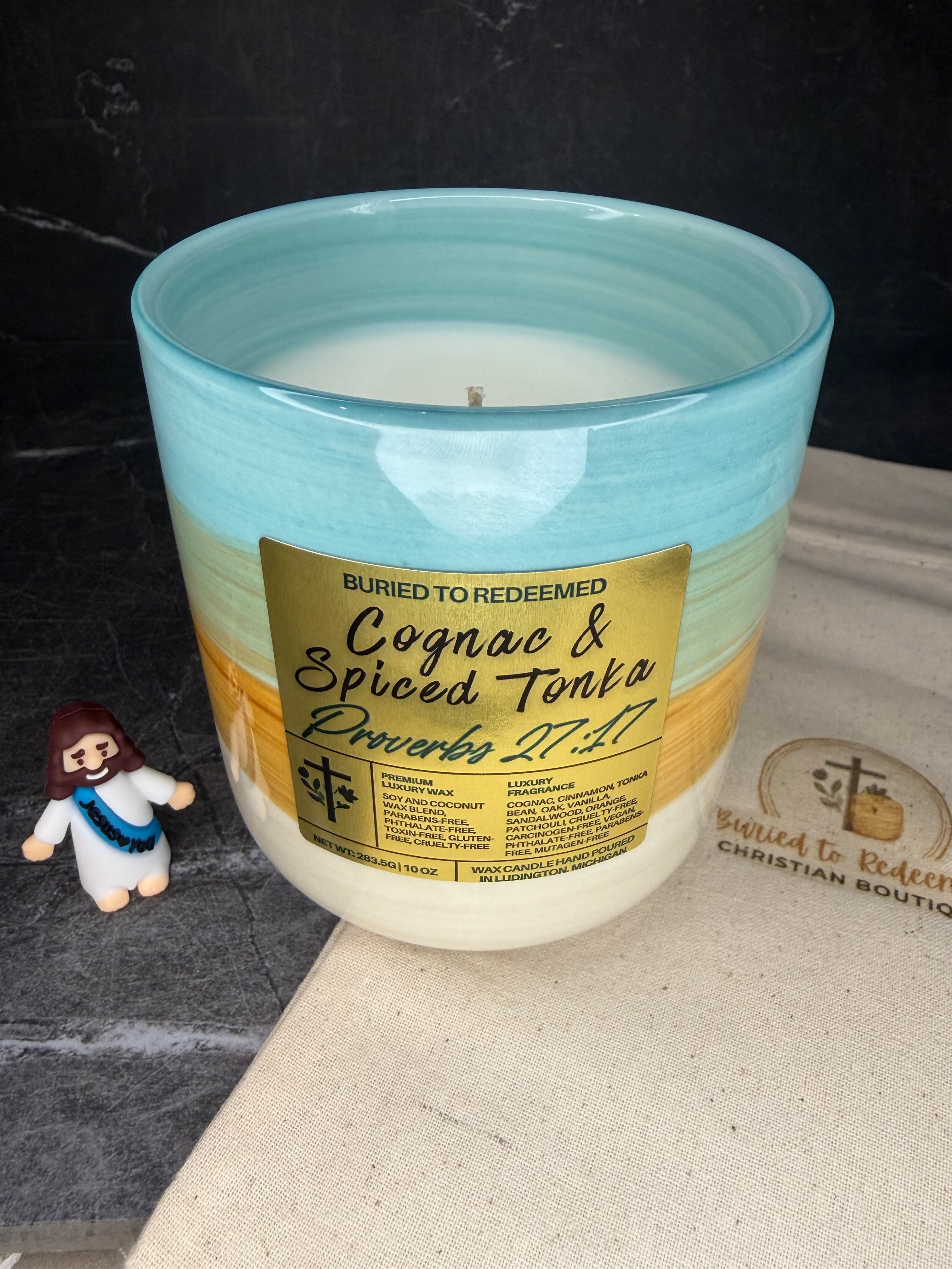 Bible Verse Cognac and Spiced Tonka Candle - Proverbs 27:17 - 10 oz - Premium USA Ingredients