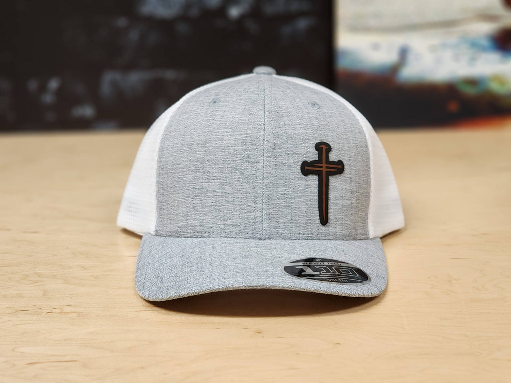Gray Mesh Baseball Cap with Leather Nail Cross Patch