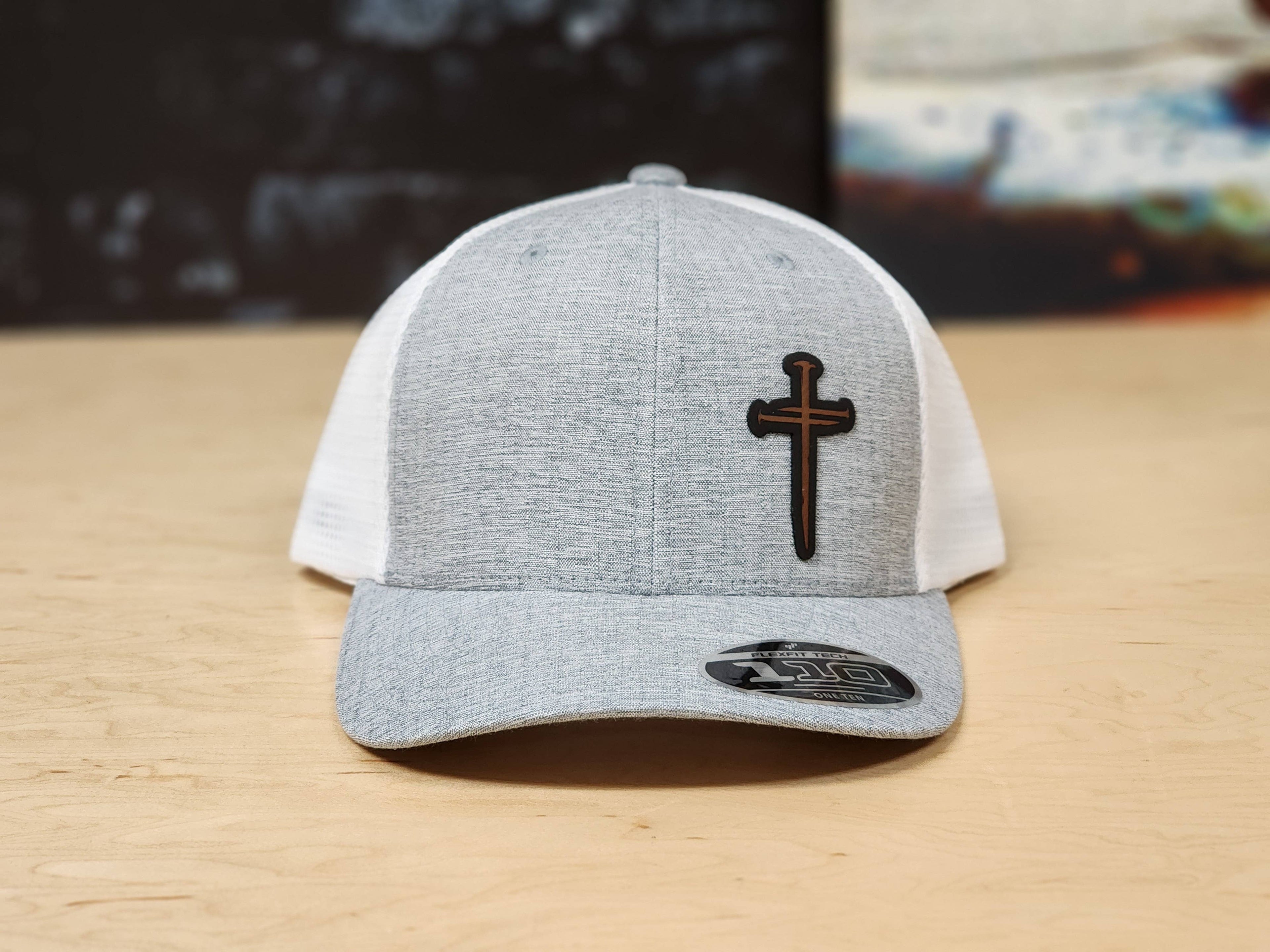 Gray Mesh Baseball Cap with Leather Nail Cross Patch