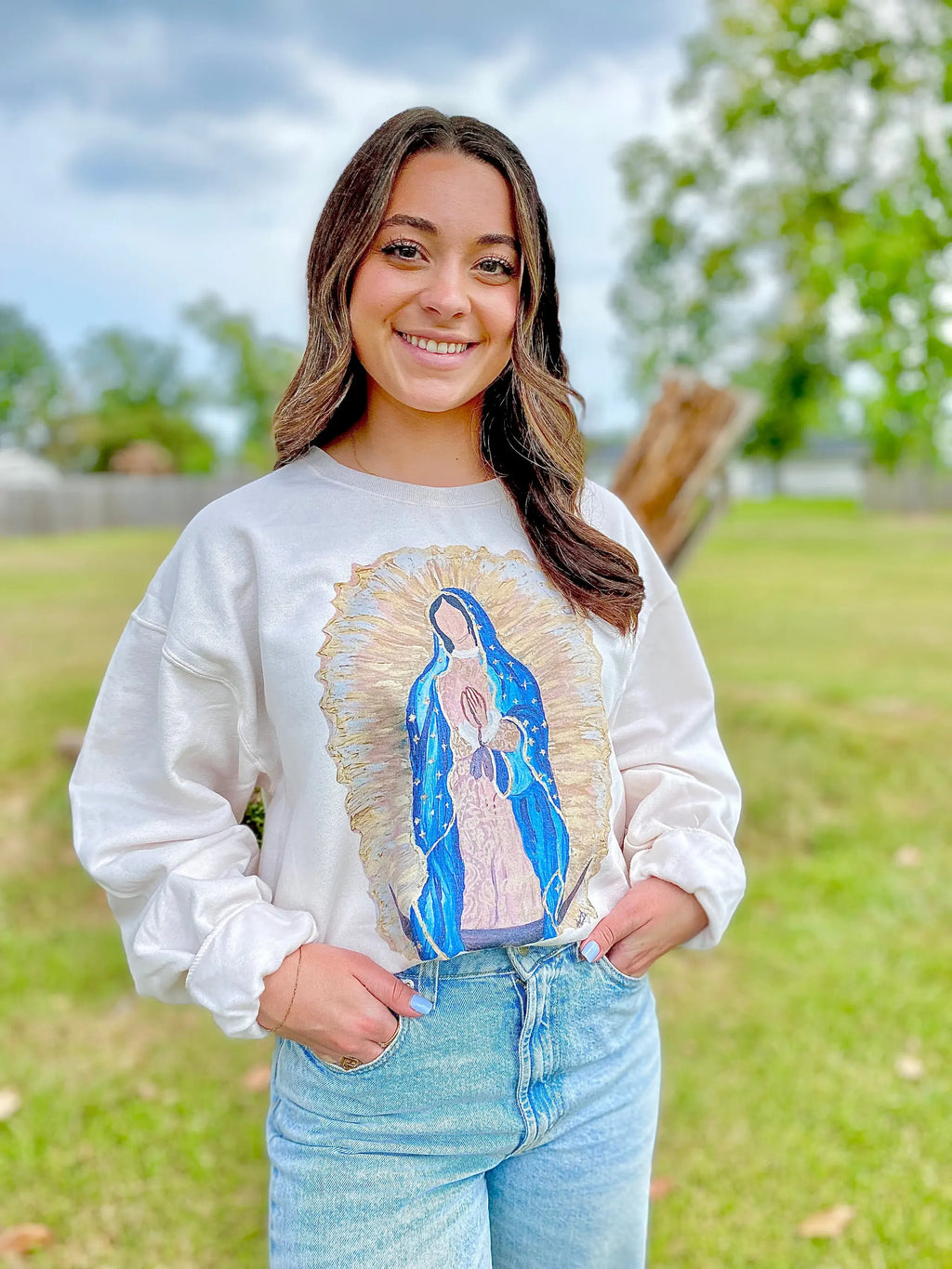 Our Lady of Guadalupe Sweatshirt on Sweet Cream