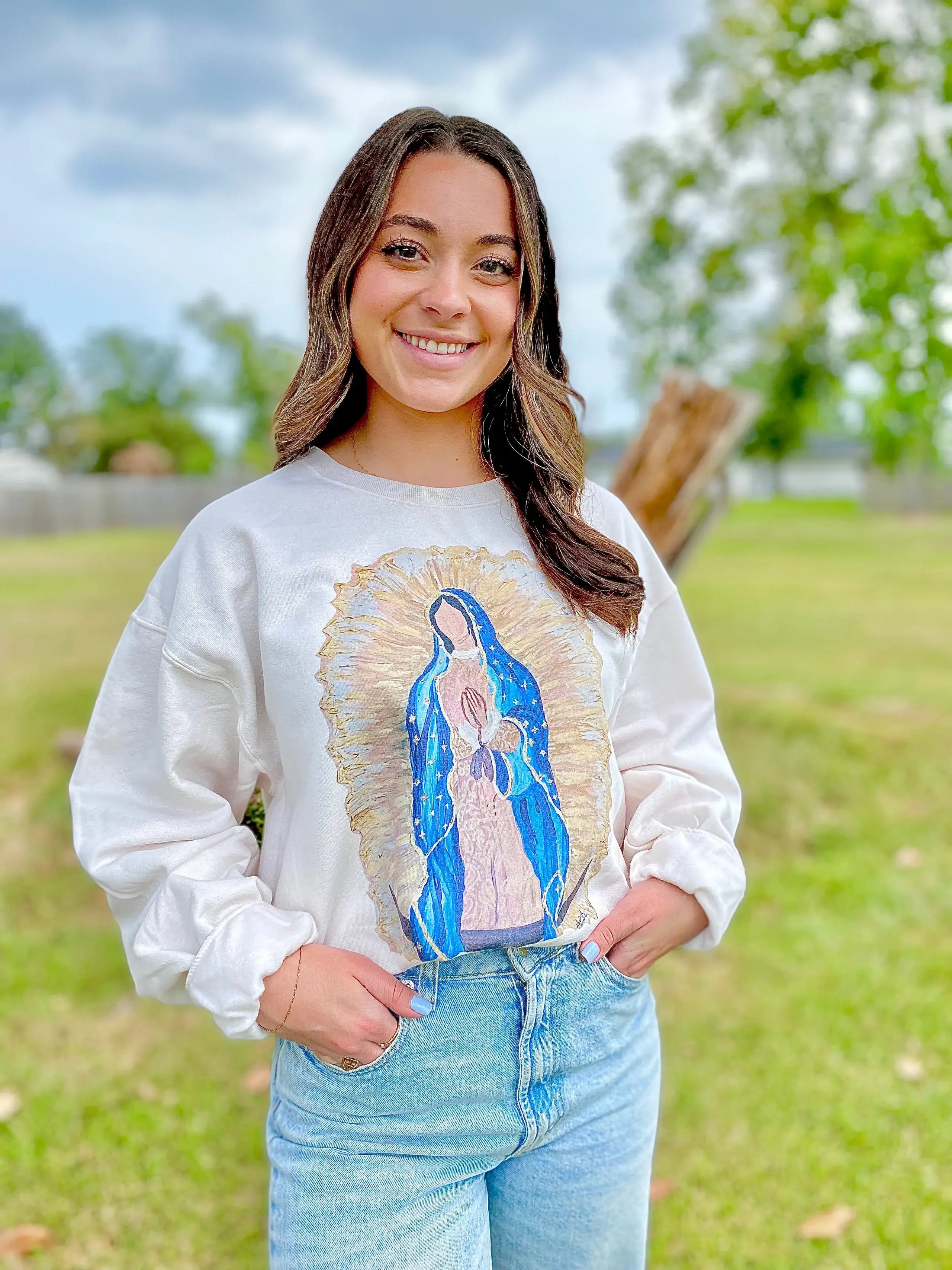Our Lady of Guadalupe Sweatshirt on Sweet Cream