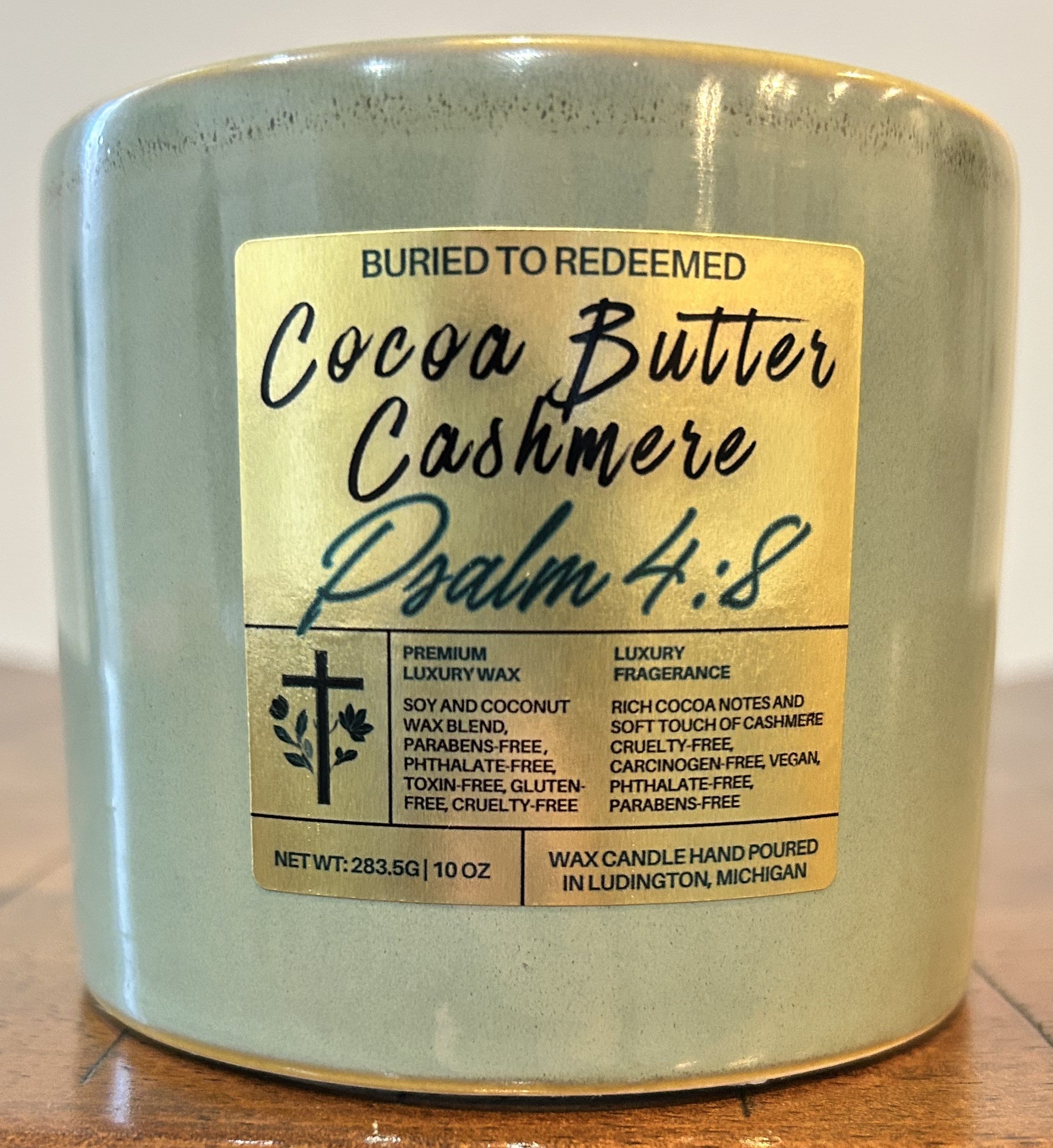 Bible Verse Cocoa Butter Cashmere Candle - Psalm 4:8 - 10 oz - Premium USA Ingredients