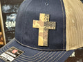 Hat - Navy and Tan Trucker with Faith Cross Appliqué