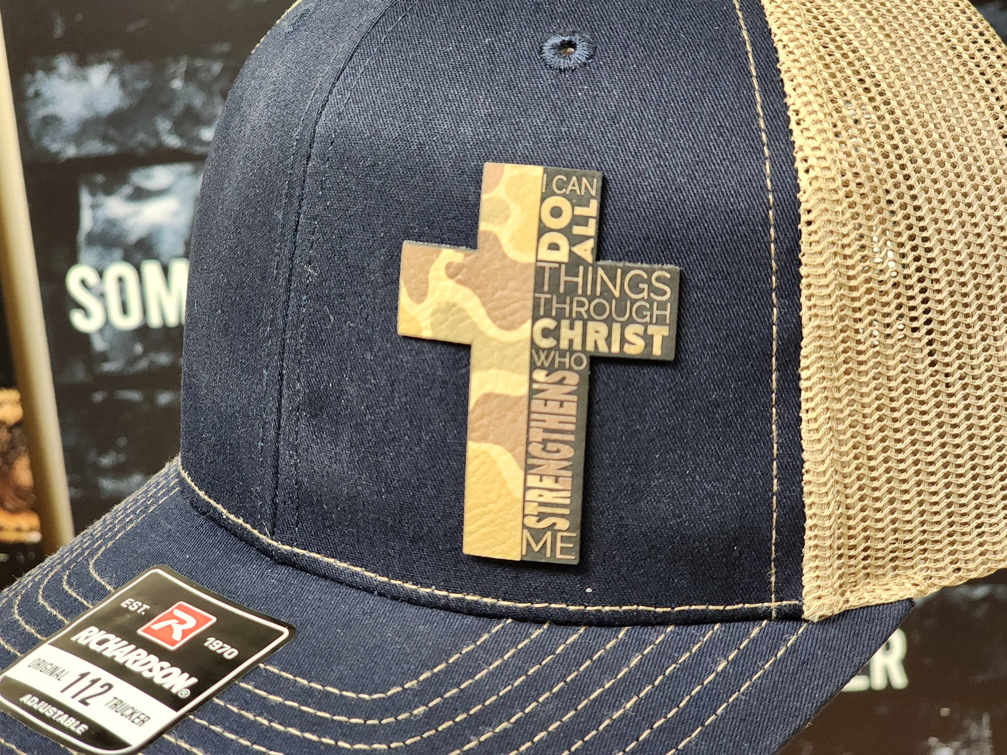 Hat - Navy and Tan Trucker with Faith Cross Appliqué