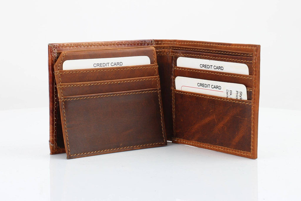 Genuine Leather Bison Bifold Wallet - Oil Pull Up Kneeling Cowboy Concho