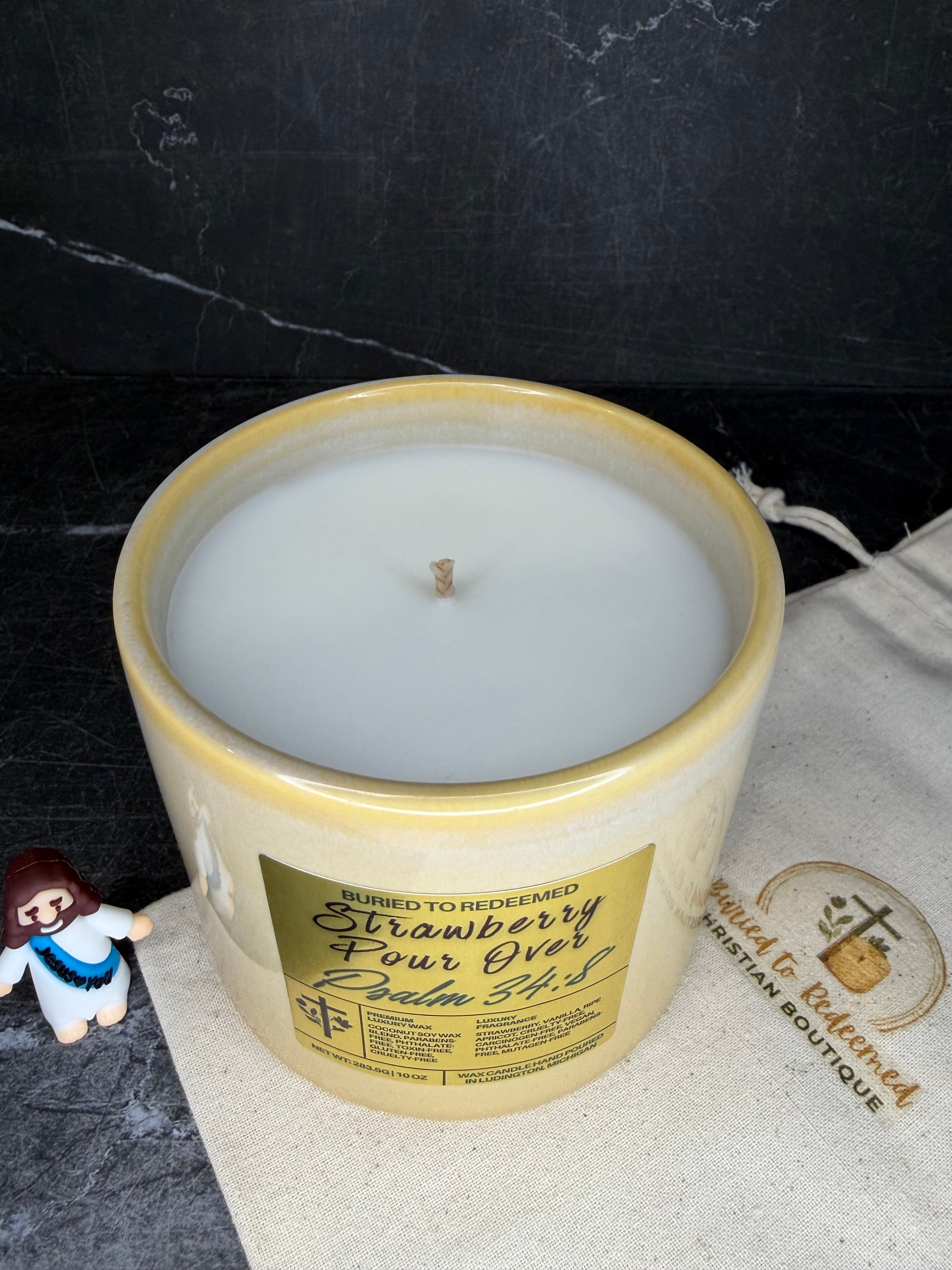 Bible Verse Strawberry Pour Over Candle - Psalm 34:8 - 10 oz - Premium USA Ingredients