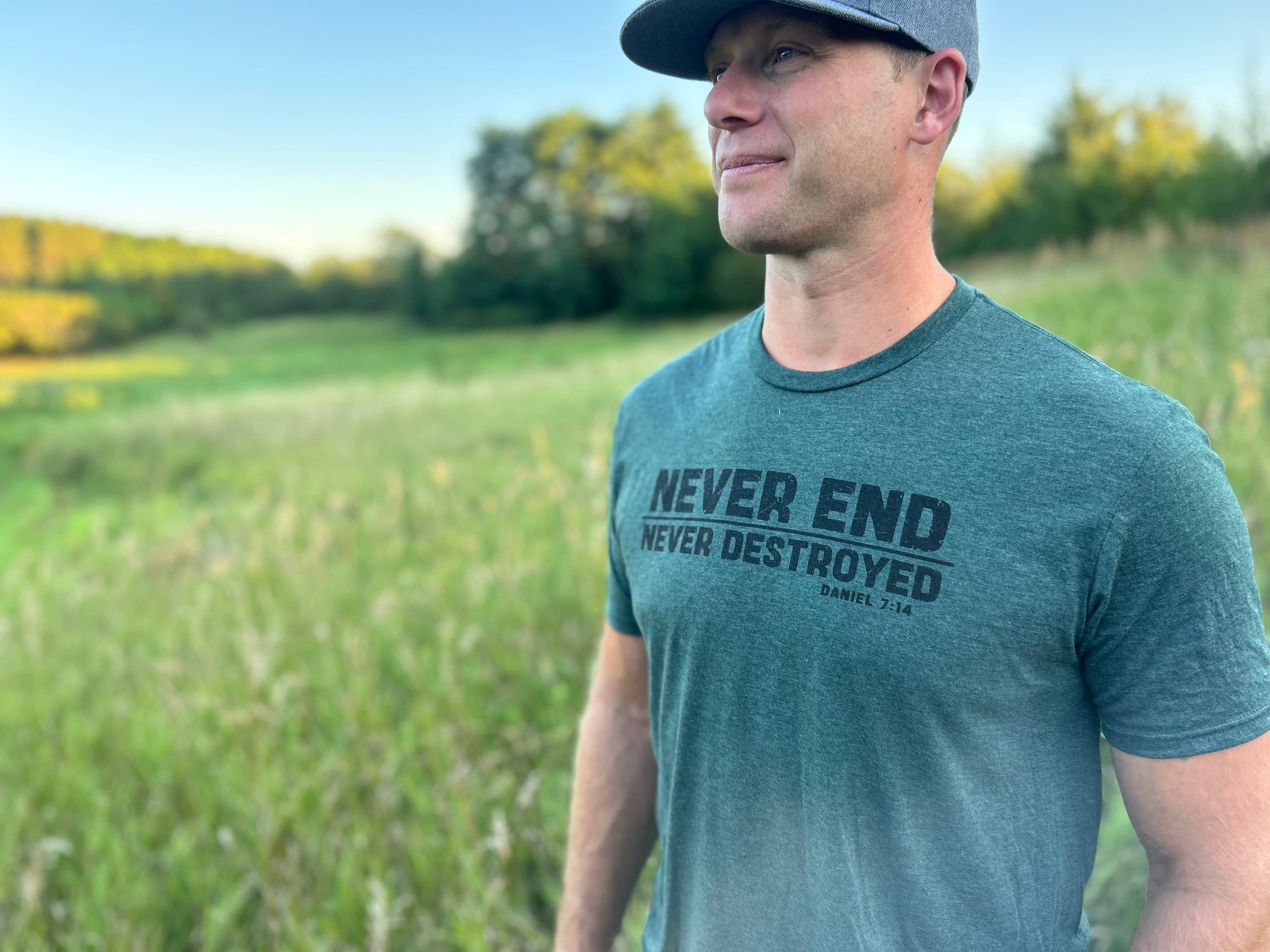 Men's Christian bible verse Tee - Never End, Never Destroyed