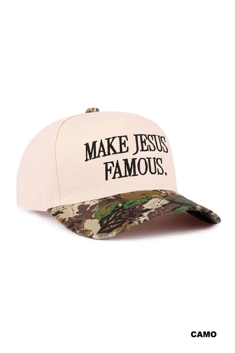 Embroidered Make Jesus Famous Two Tone Cotton Hat in Camo, Leopard or Flower
