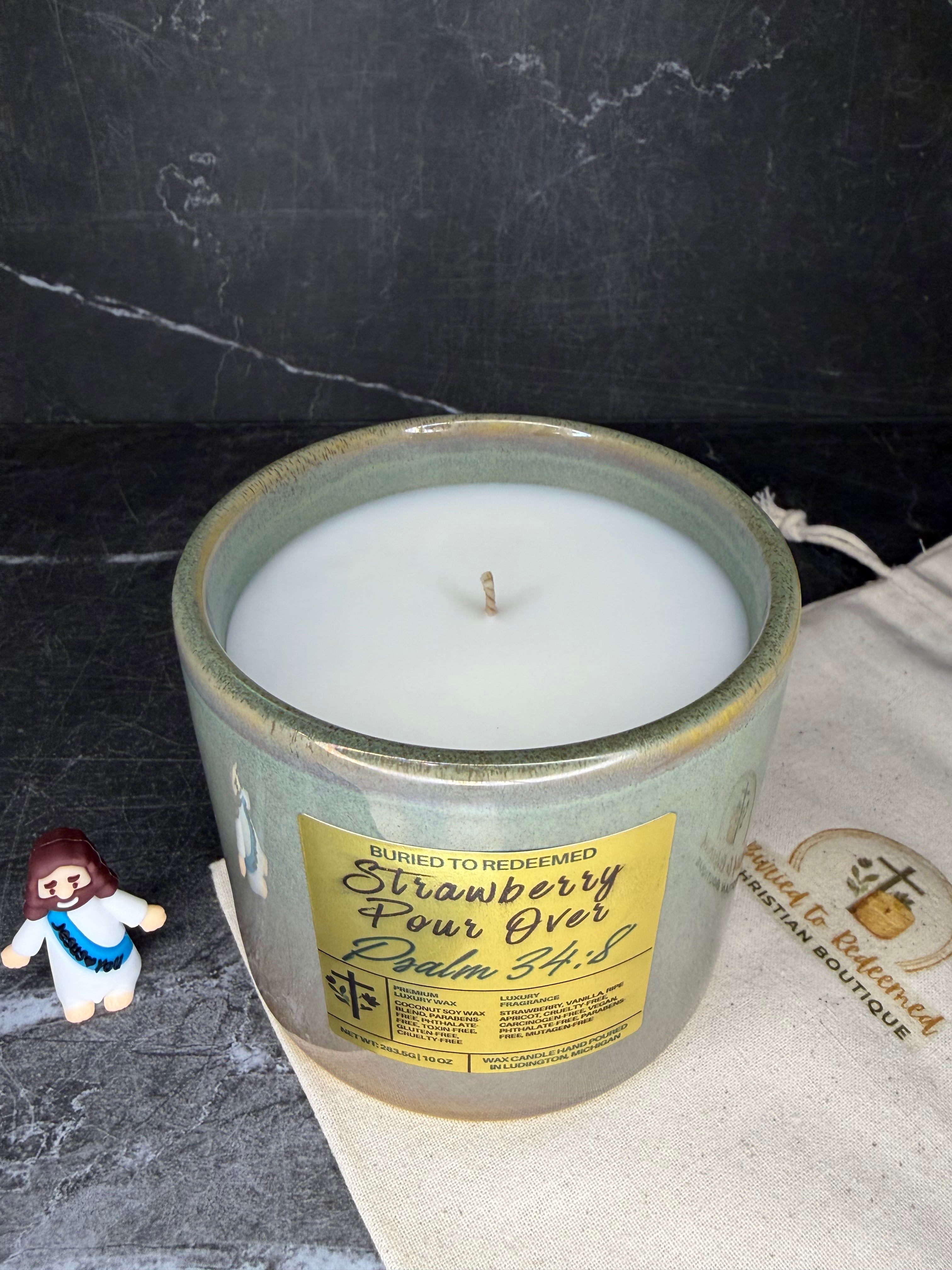 Bible Verse Strawberry Pour Over Candle - Psalm 34:8 - 10 oz - Premium USA Ingredients