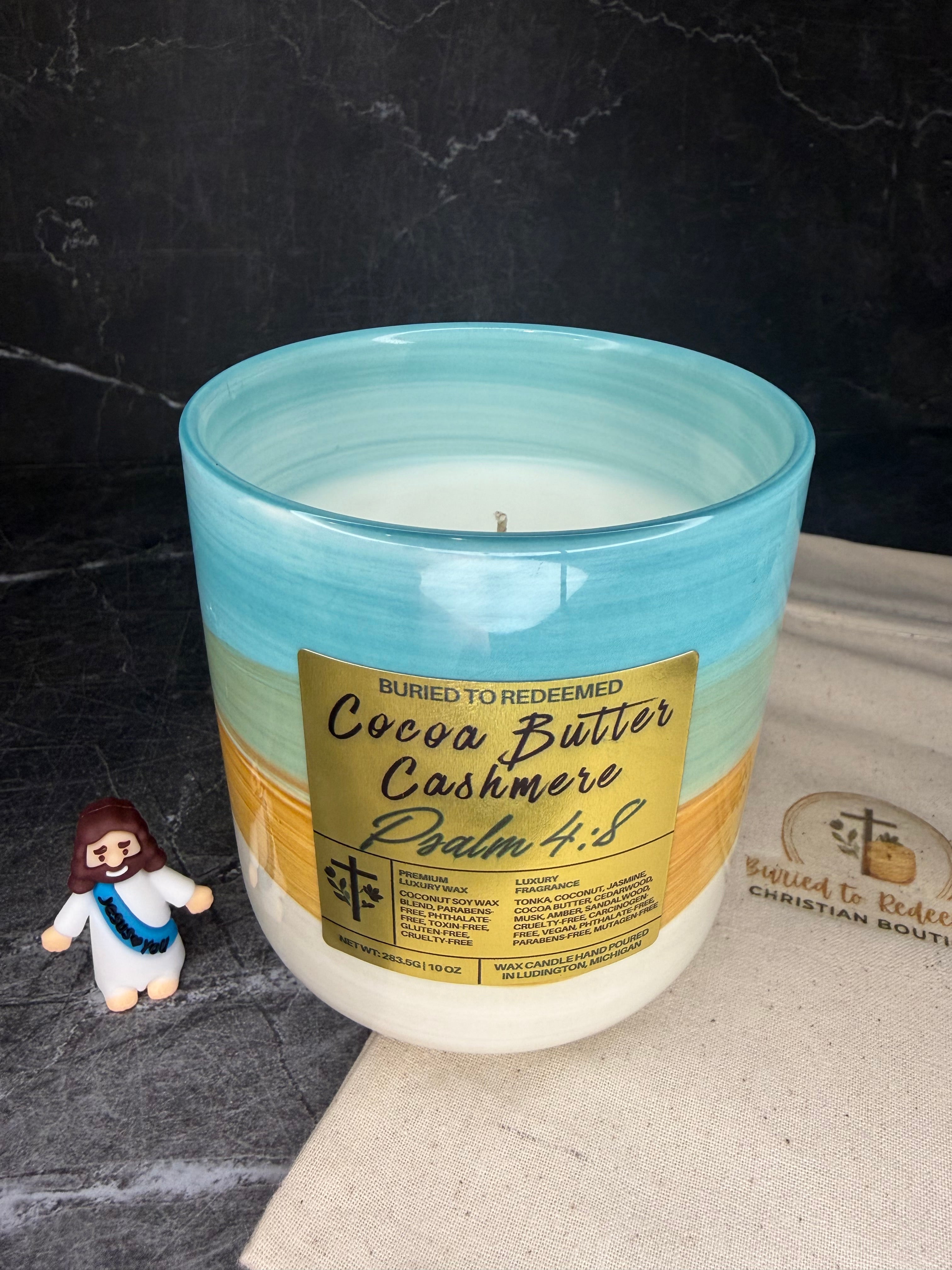 Bible Verse Cocoa Butter Cashmere Candle - Psalm 4:8 - 10 oz - Premium USA Ingredients