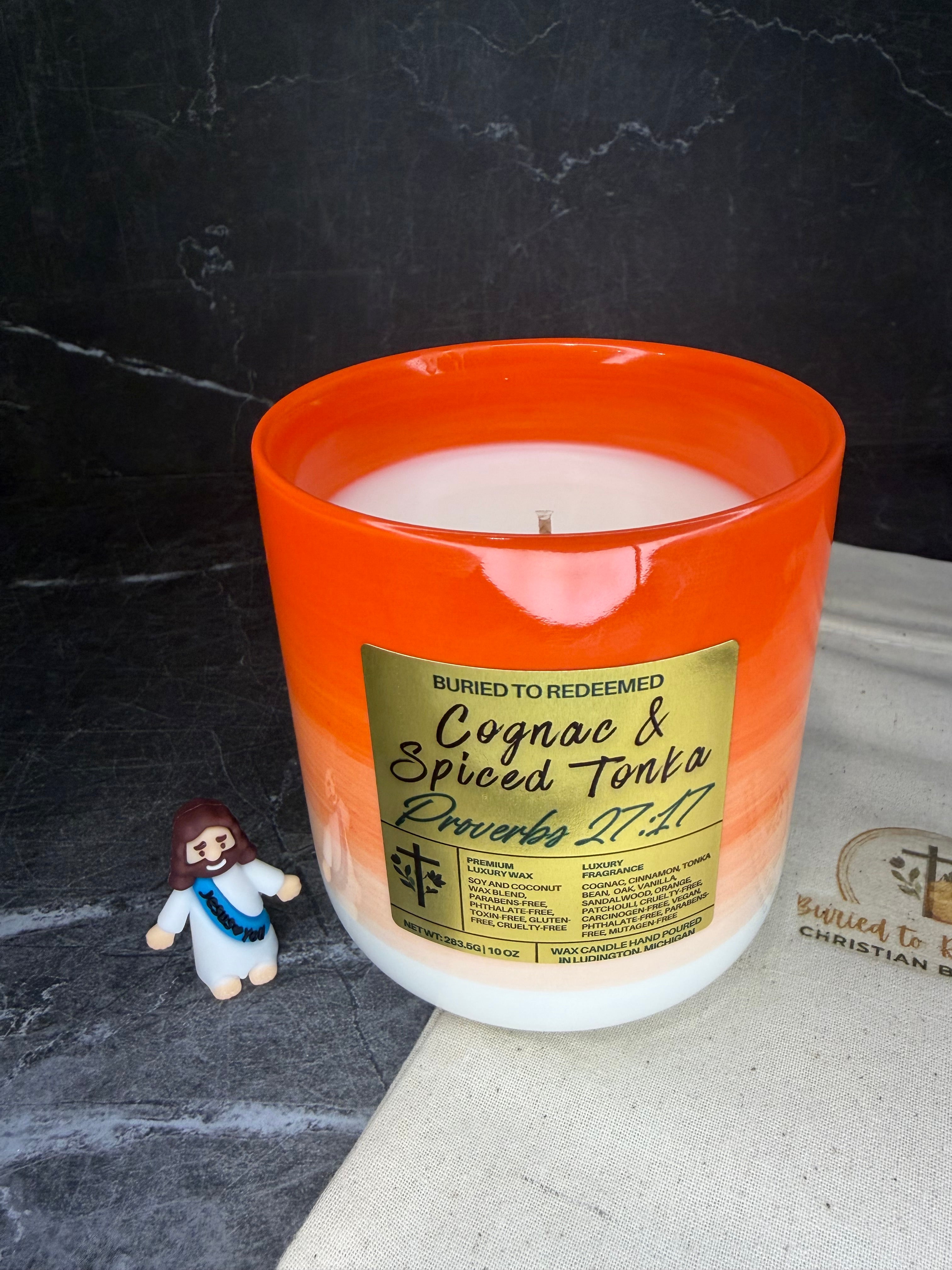 Bible Verse Cognac and Spiced Tonka Candle - Proverbs 27:17 - 10 oz - Premium USA Ingredients