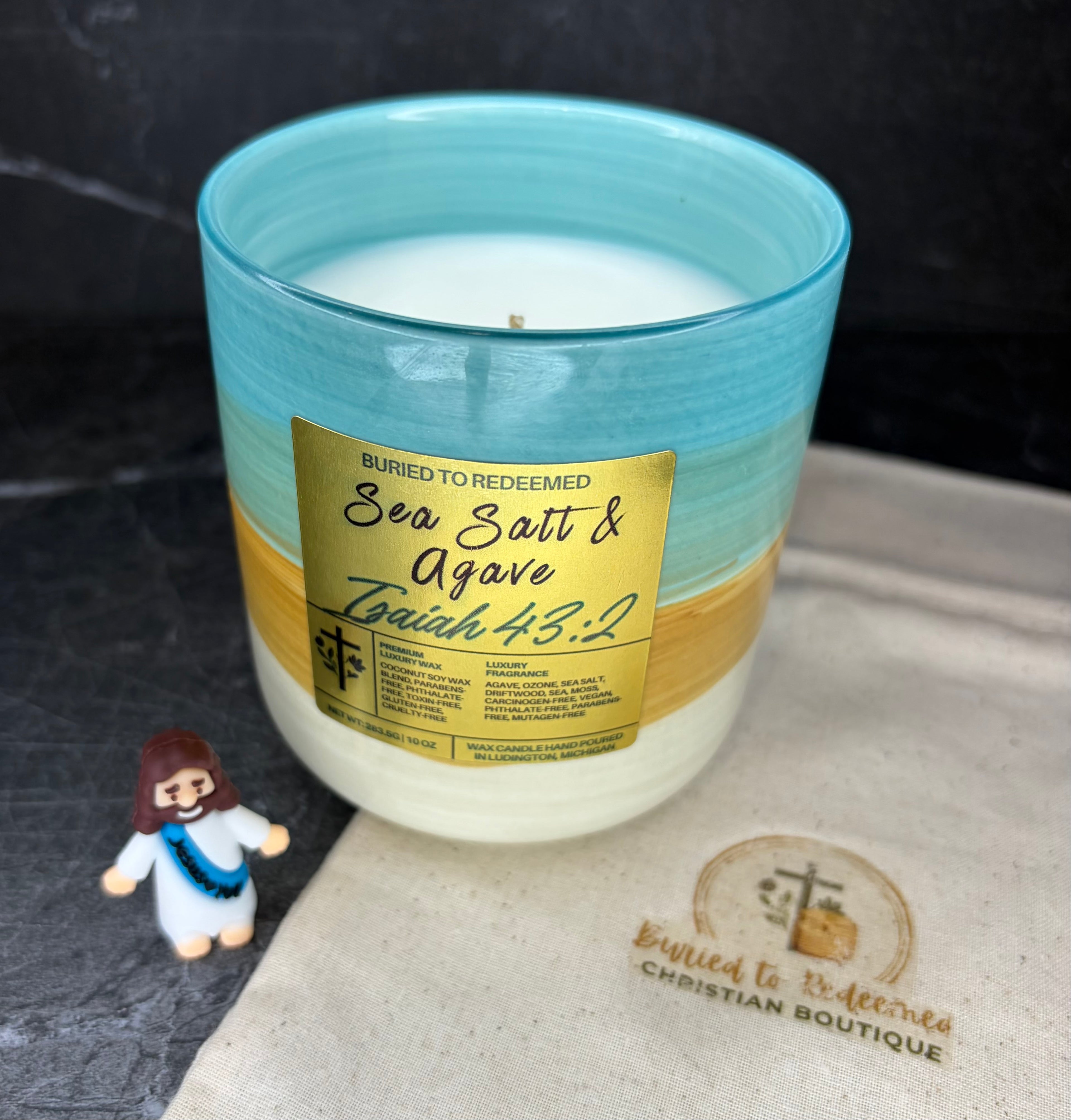Bible Verse Sea Salt & Agave Candle - Isaiah 43:2 - 10 oz - Premium USA Ingredients