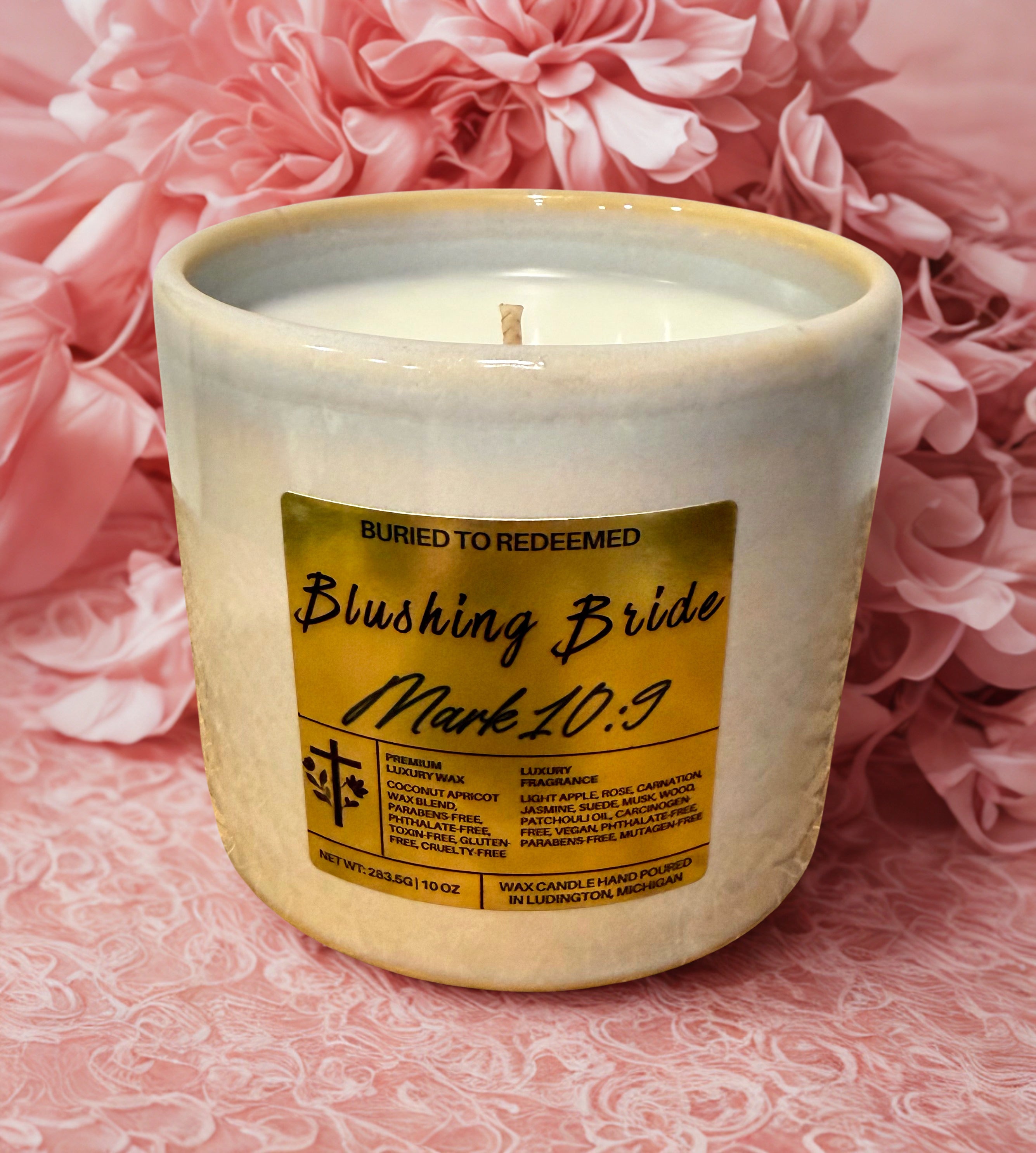 Blushing Bride Coconut Apricot Bible Verse Candle - Mark 10:9 - 10 Oz Premium USA Ingredients